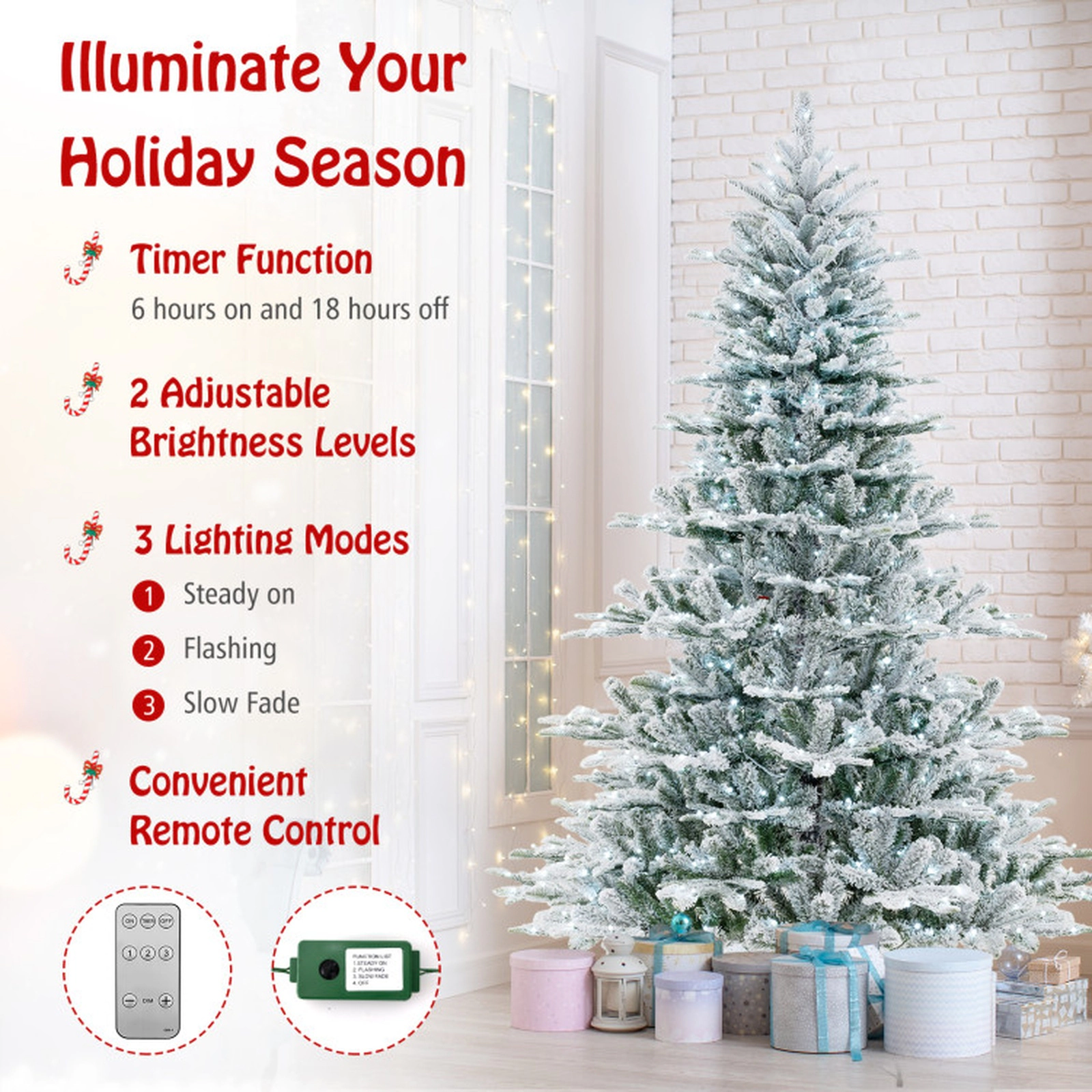 SUGIFT Snow Flocked Artificial Christmas Tree with Cool White LED Lights 7-ft Hinged Green+White