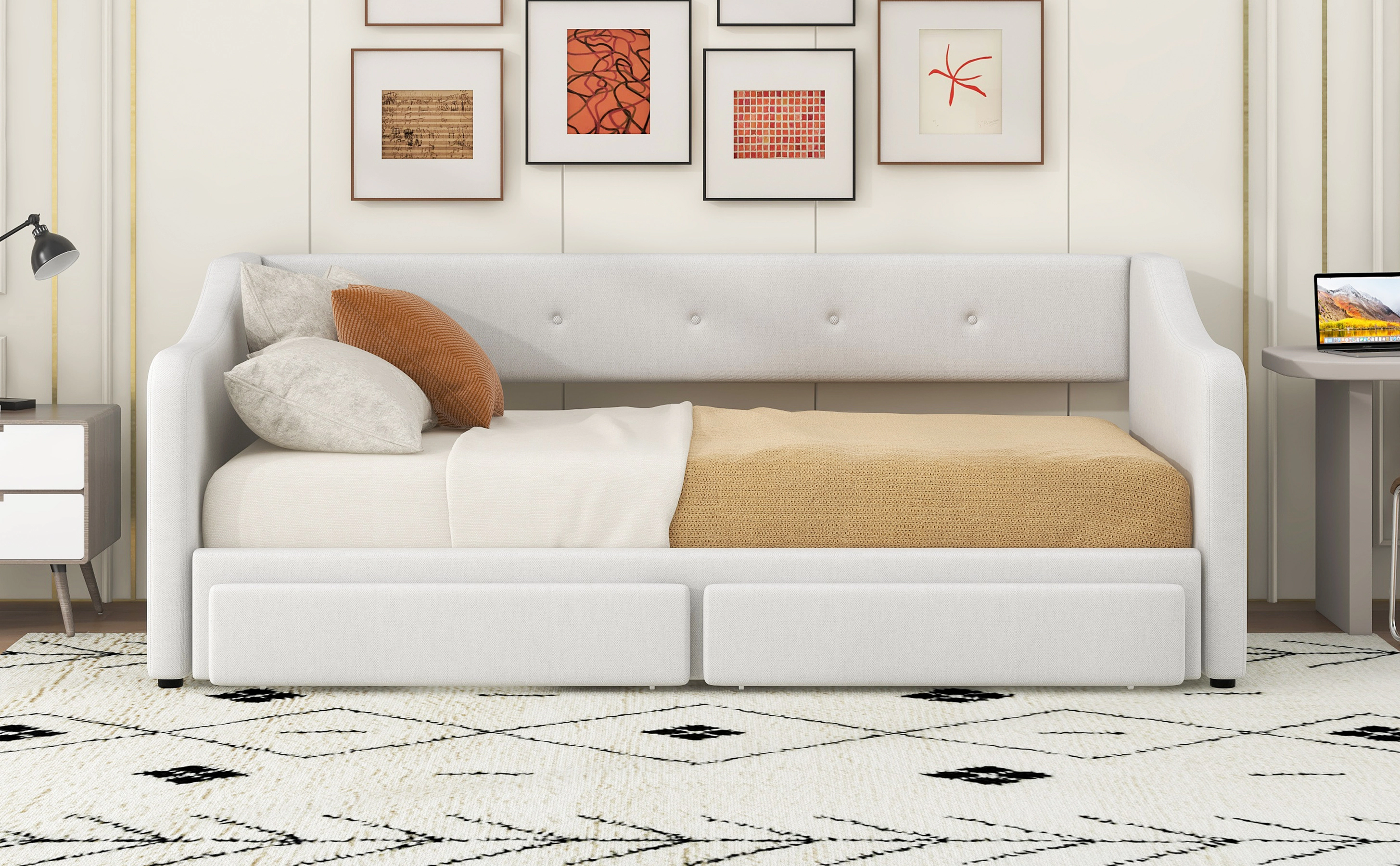 Flynama Twin XL–King Upholstered Daybed with Two Drawers, Beige