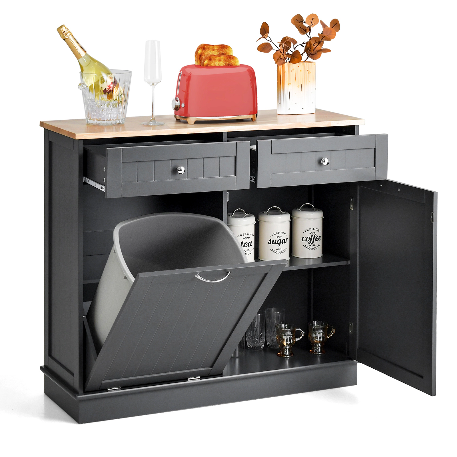 SUGIFT Til-Out Trash Bin Cabinet Sideboard with Single Trash Can Holder and Adjustable Shelf 220-lb Top Capacity Gray