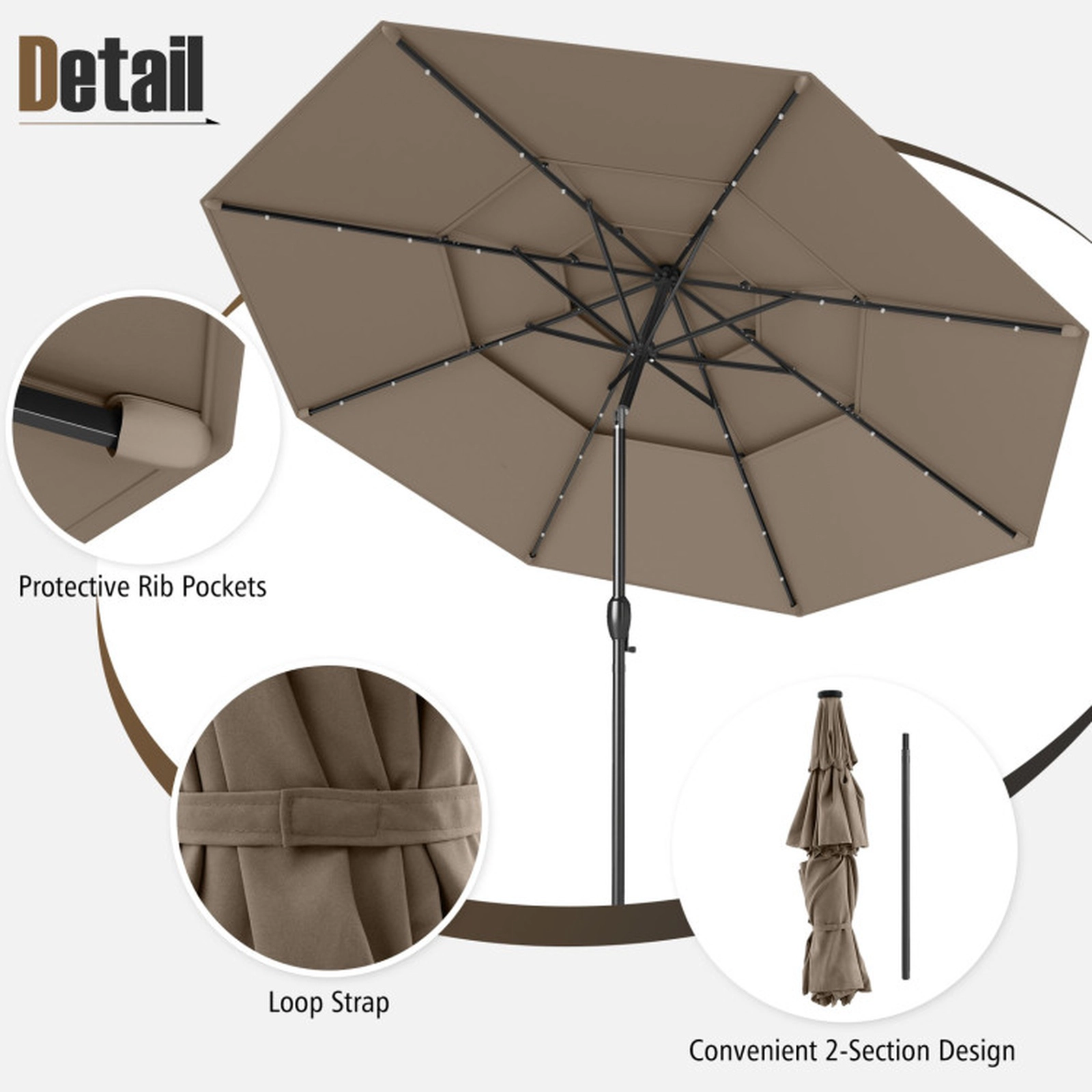 SUGIFT Taupe Solar Patio Market Umbrella with 3-Tier Vented Top and 32 LED Lights 10-ft Dia 8.2-ft H