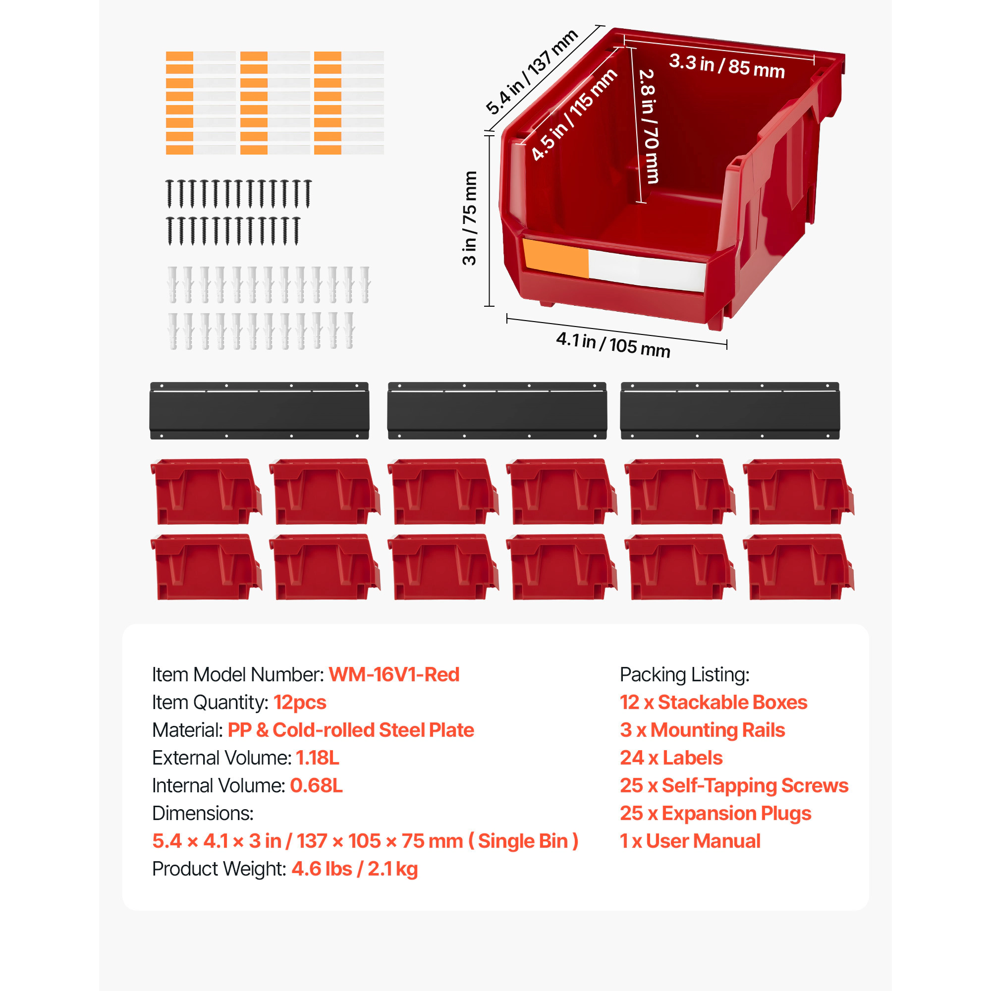 HONGGE Wall Mounted Storage Bins 12 Plastic Bins & 3 Metal Rails Plastic Hanging Stackable Storage Bin for Screws Nuts