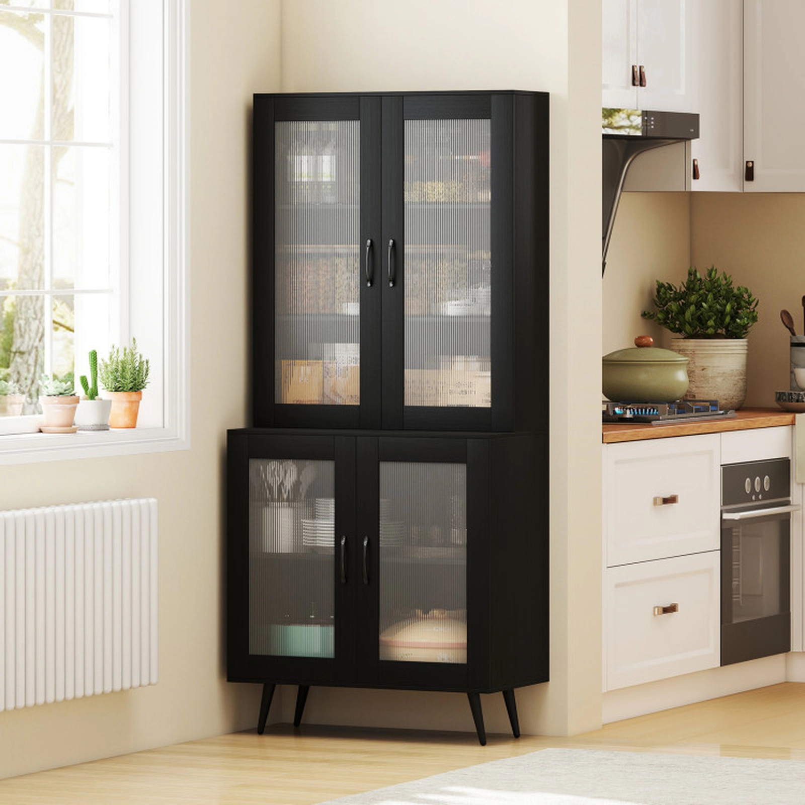 SUGIFT Tall Kitchen Pantry Cabinet Cupboard Sideboard with 4 Transparent Doors Adjustable Shelves Black