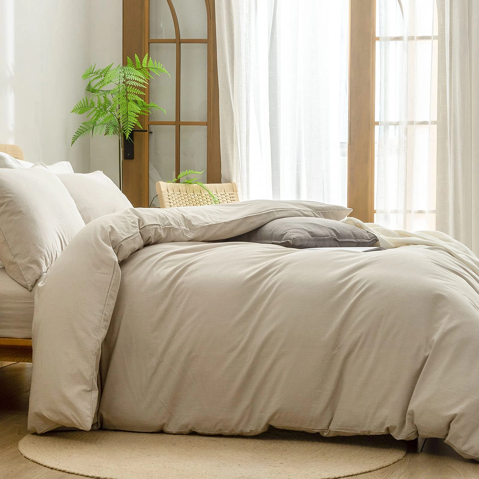 PUPWE Ton Solid Duvet Cover Set Linen Feel Olive Green Queen