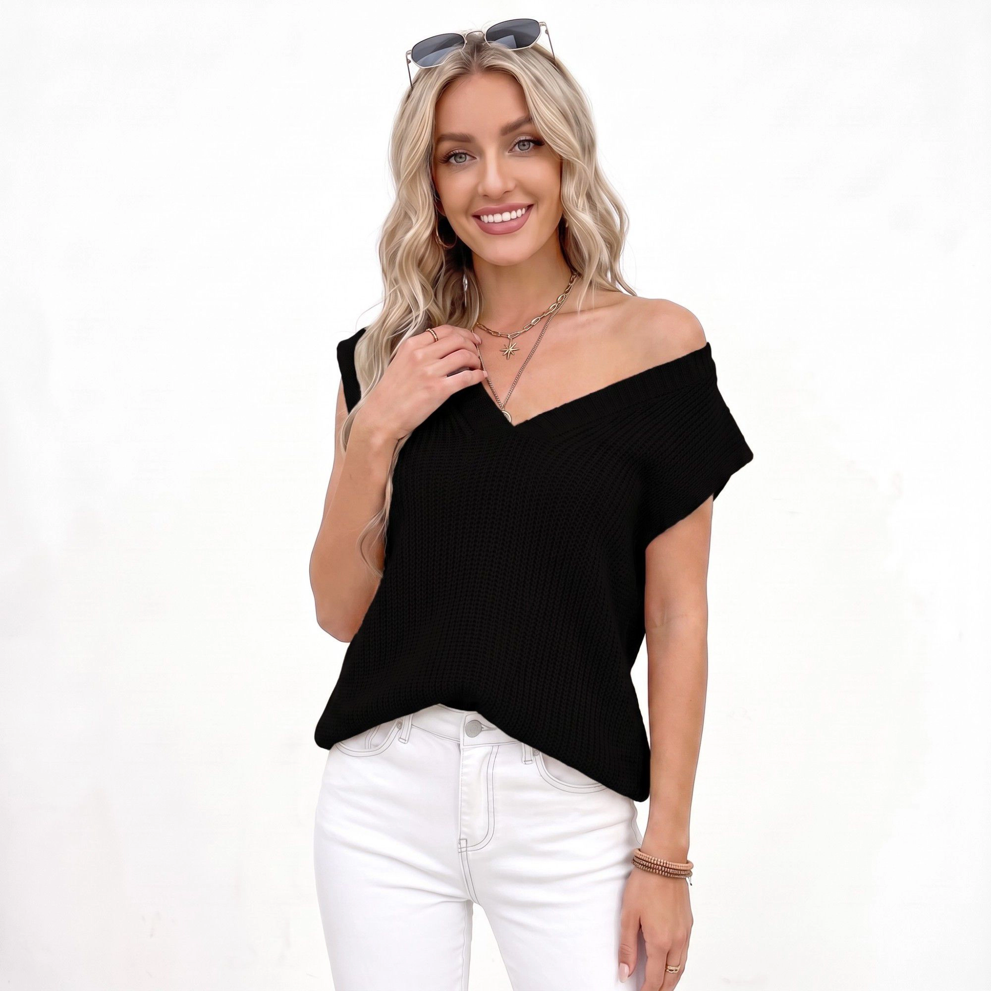 Anna-Kaci Women's V Neck Sweater Vest Sleeveless Textured Knit Pullover Top