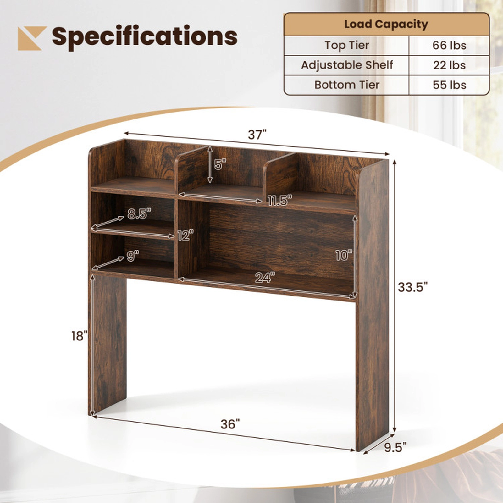 SUGIFT 6-Shelf Rustic Brown Desktop Bookshelf Countertop Hutch with 3-Position Adjustable Shelf for Monitor