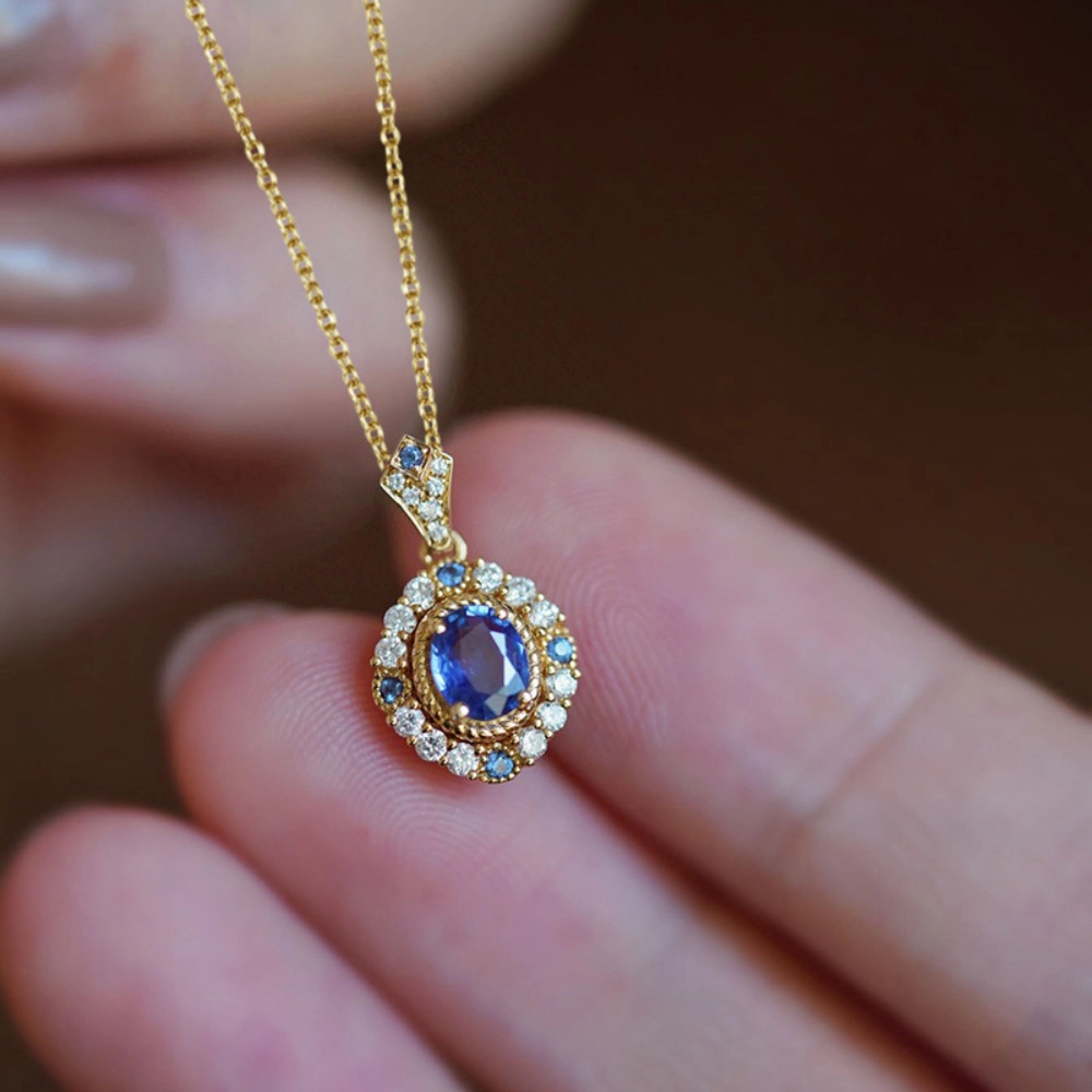 Wardrobe Whimsy Vintage Oval Blue Cubic Zirconia Halo Pendant Necklace for Women