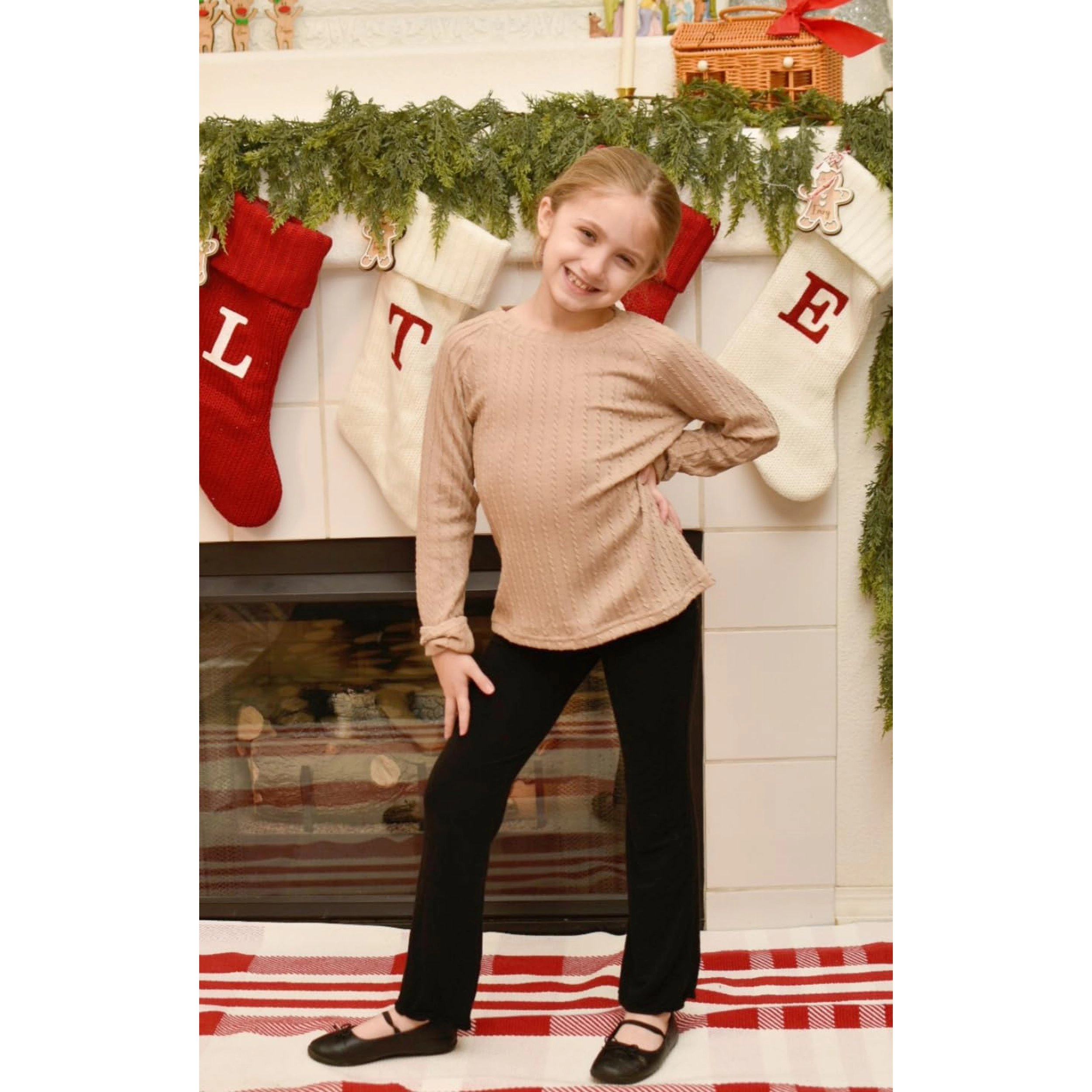 Arshiner Girl's Textured Round Neck Raglan Long Sleeve Shirt