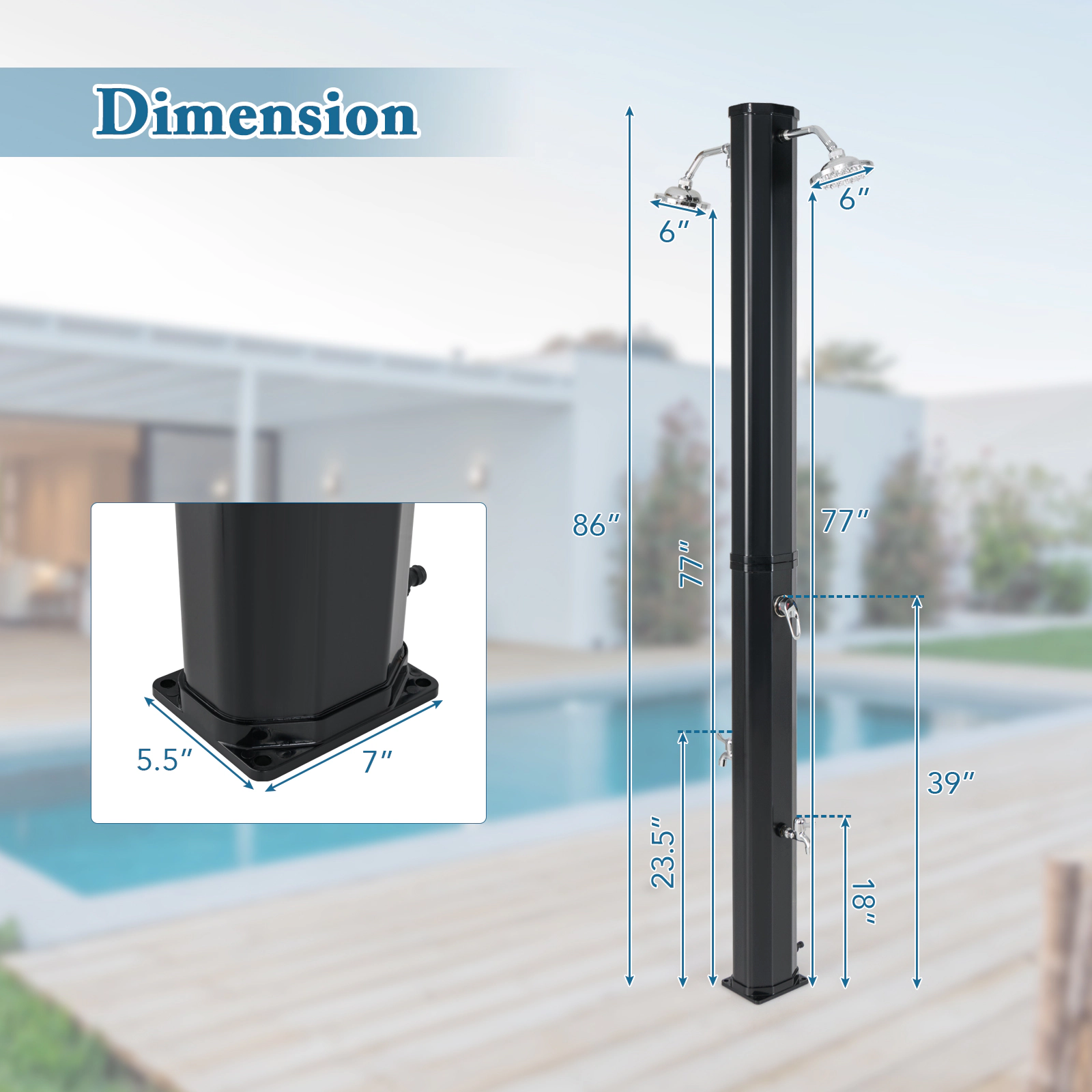 SUGIFT Solar Heated Outdoor Shower PVC Column Dual Swivel Heads Foot Rinse 9.3-Gallon 140 F Max 7 x 5.5-in Base Black