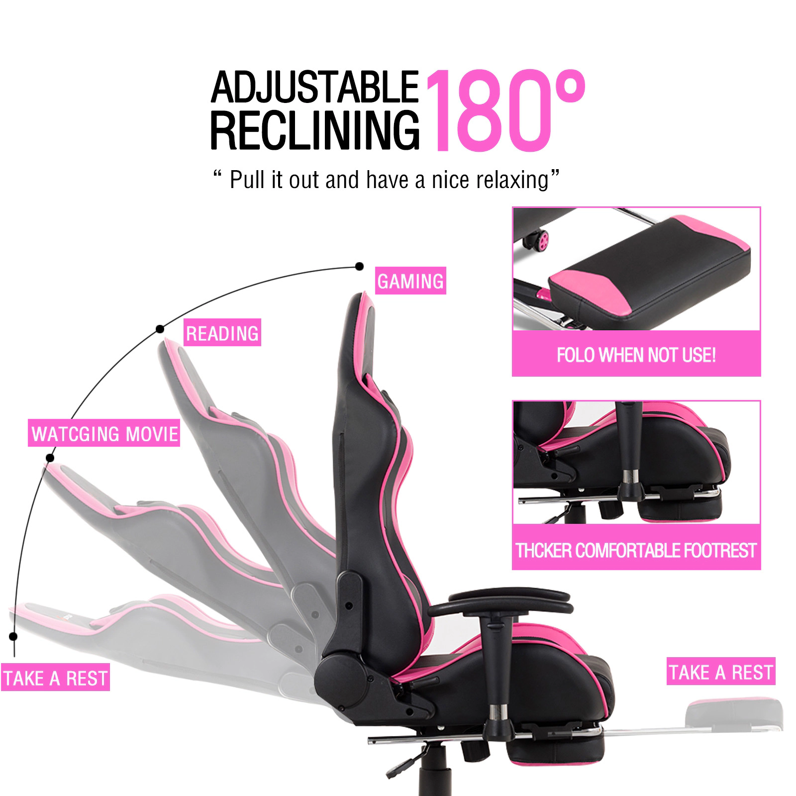 SUGIFT Pink Retractable Footrest and Rotatable Armrests Massage Gaming Chair