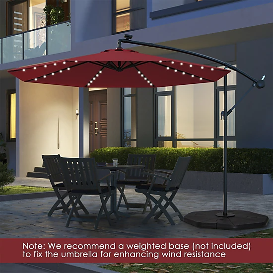 SUGIFT 10-ft Beige Solar Offset Cantilever Patio Umbrella with 40 LED Lights Crank Lift and Cross Base