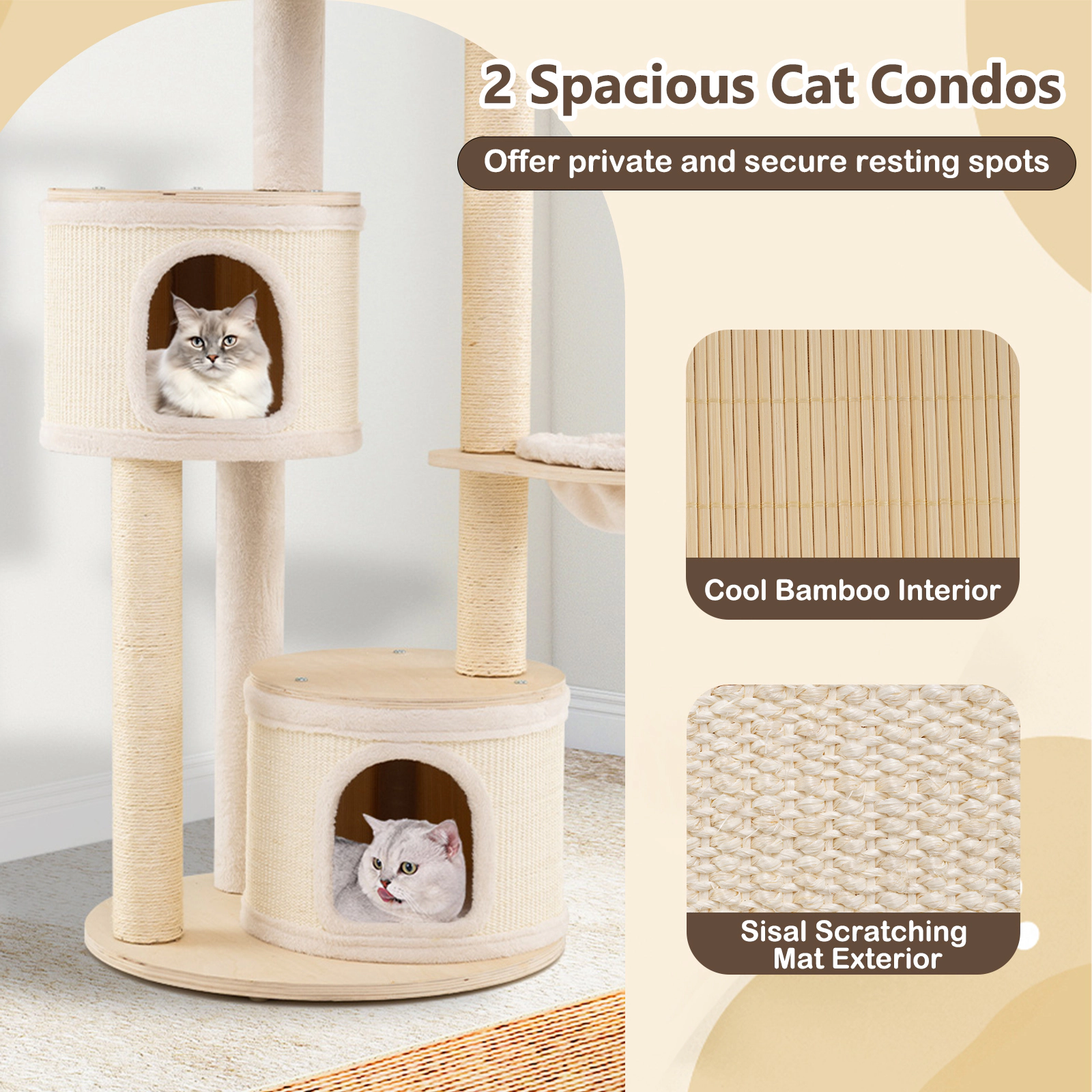SUGIFT Natural 60 in Wooden Kitten Tower with 2 Condos Basket and Sisal Posts