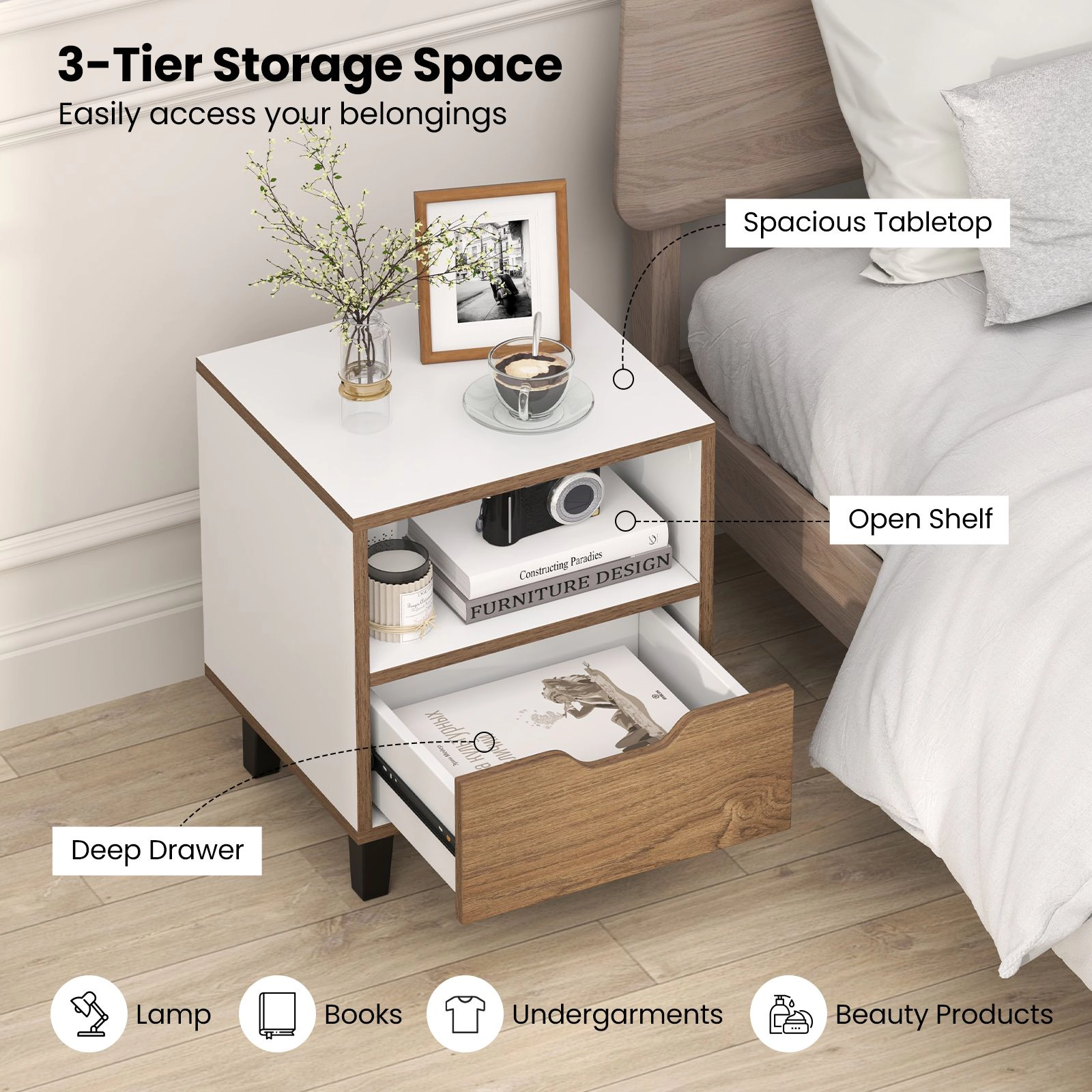SlickBlue Modern Nightstand with Drawer and Open Storage Shelf