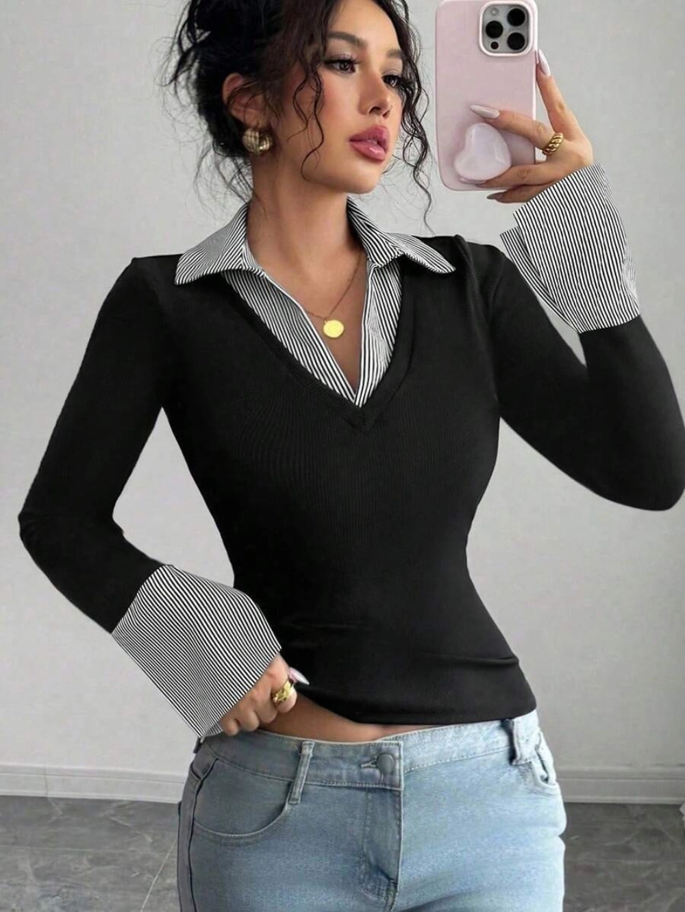 Enchanted Funland Women's Ribbed Long Sleeve Striped Collared Shirt