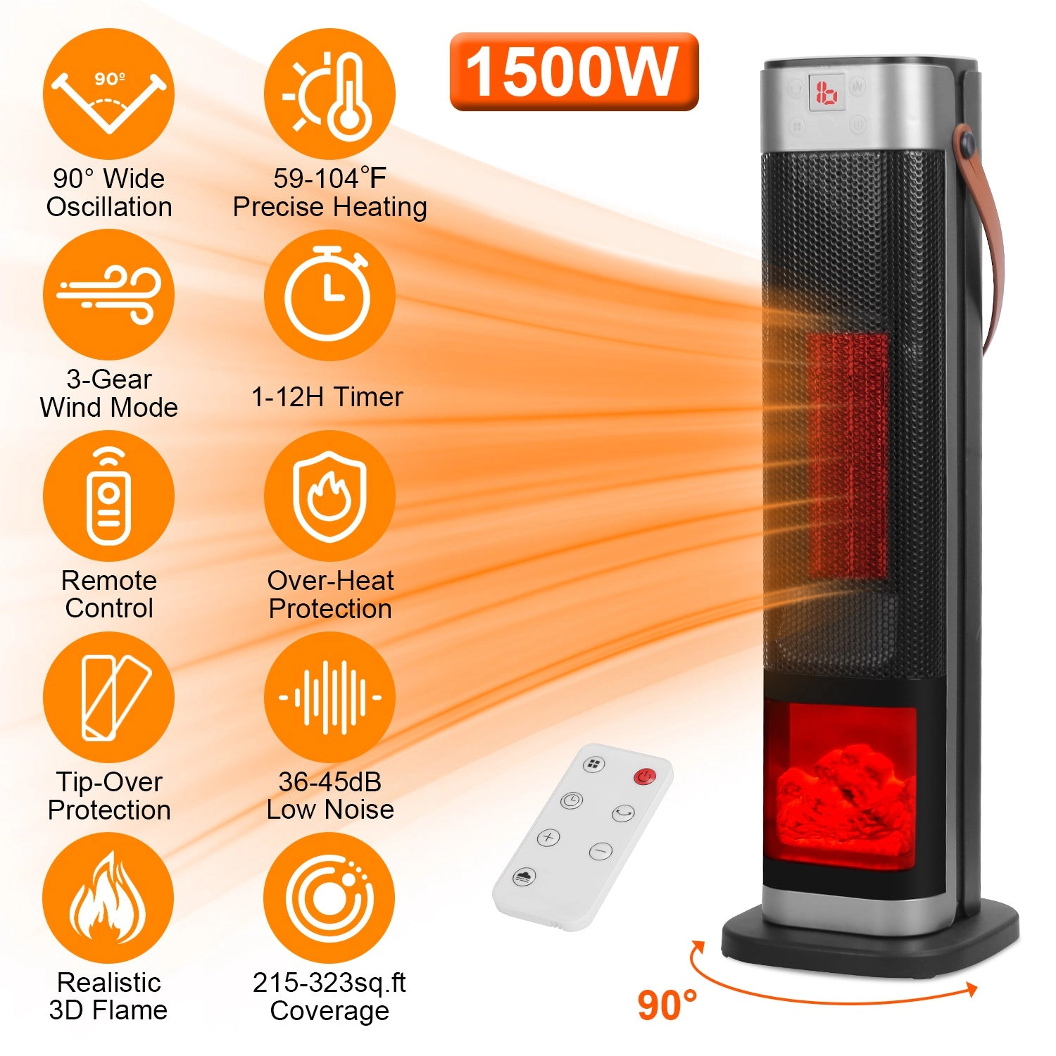 GBruno 1500W Oscillating Ceramic Tower Space Heater