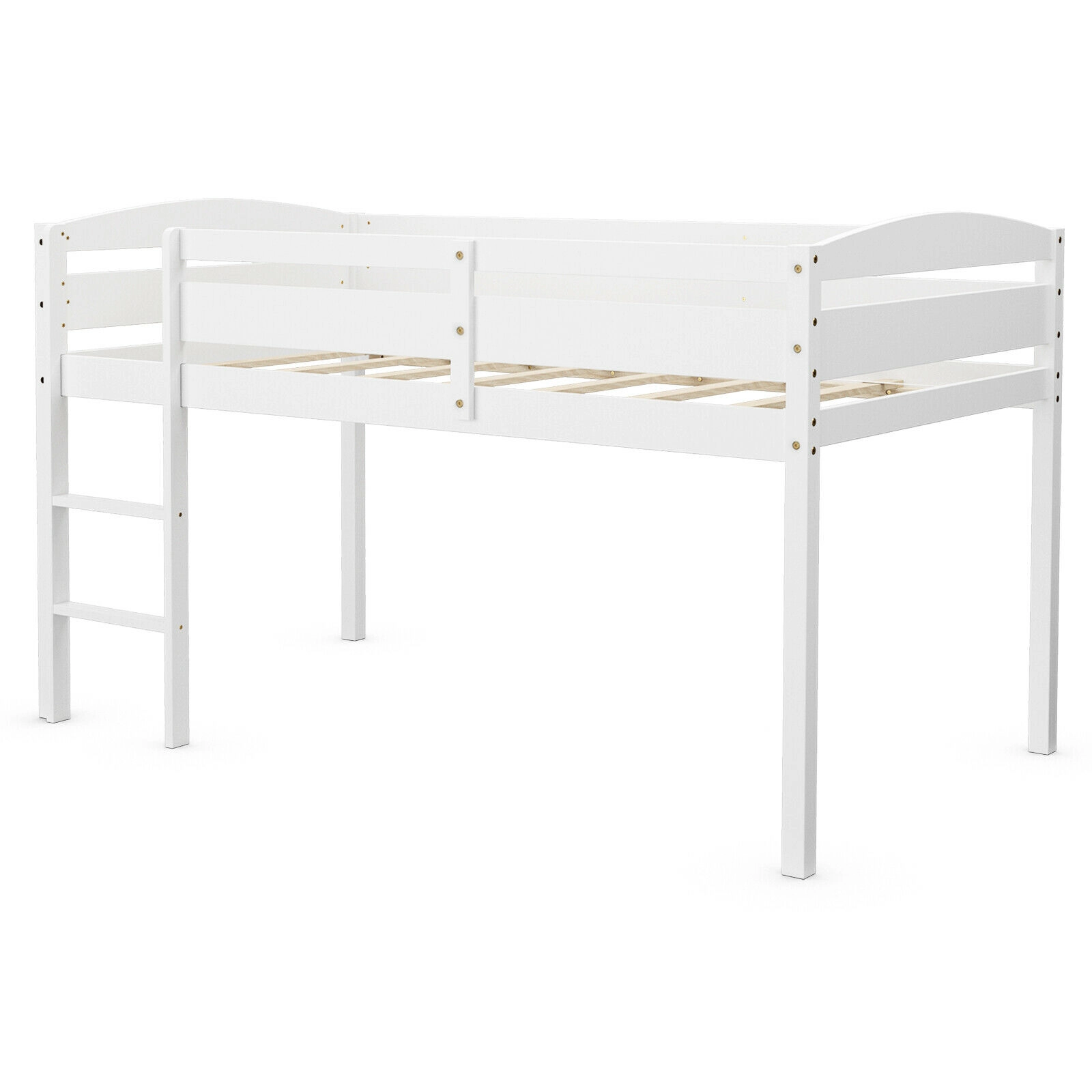 SUGIFT Wooden Twin Low Loft Bunk Bed with Guard Rail and Ladder 350-lb Capacity Twin Size White Dark Brown