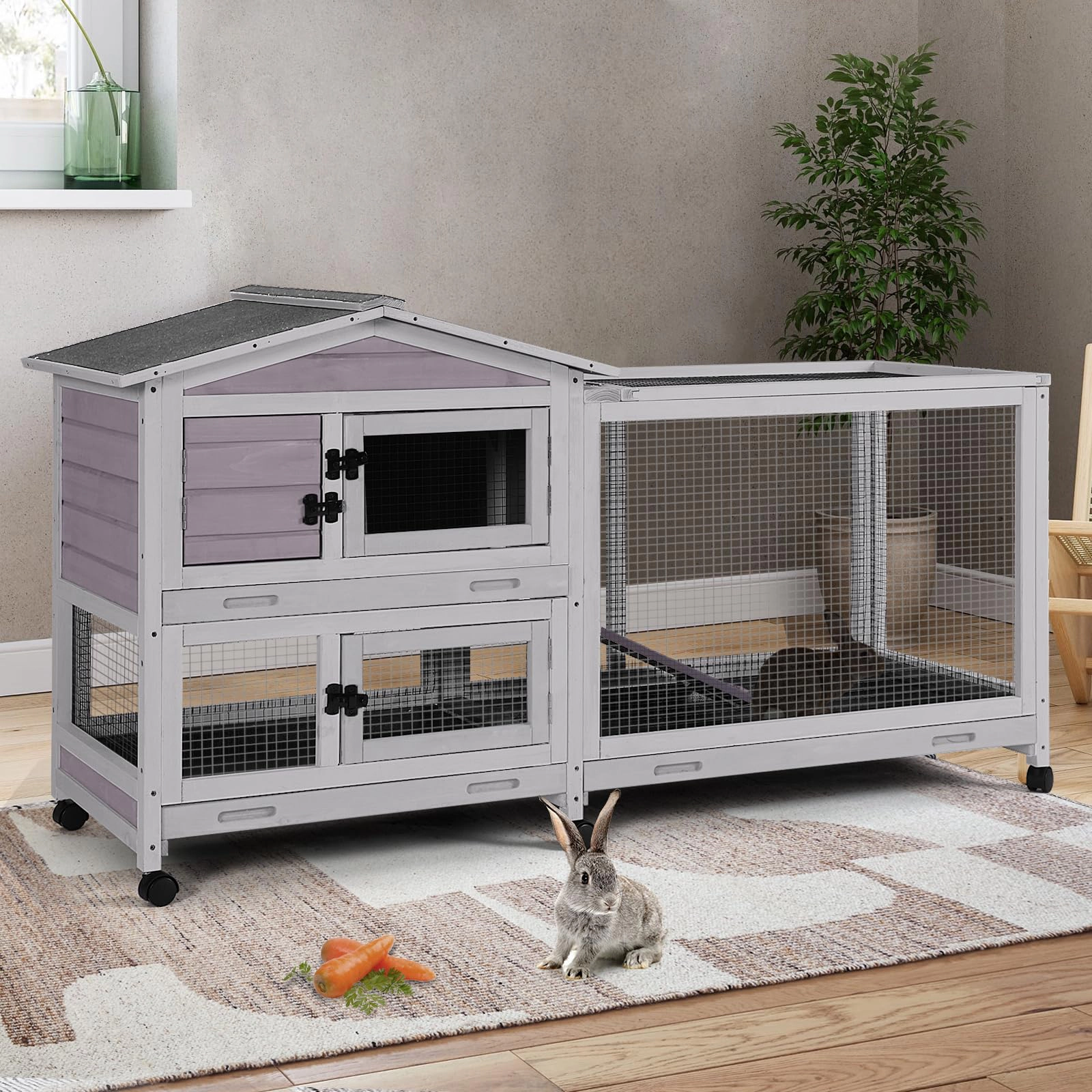 Wood-Metal Rabbit Chicken Coop Hutch, Indoor Pet Cage with Pull-Out Tray & Running Space Full Fittings