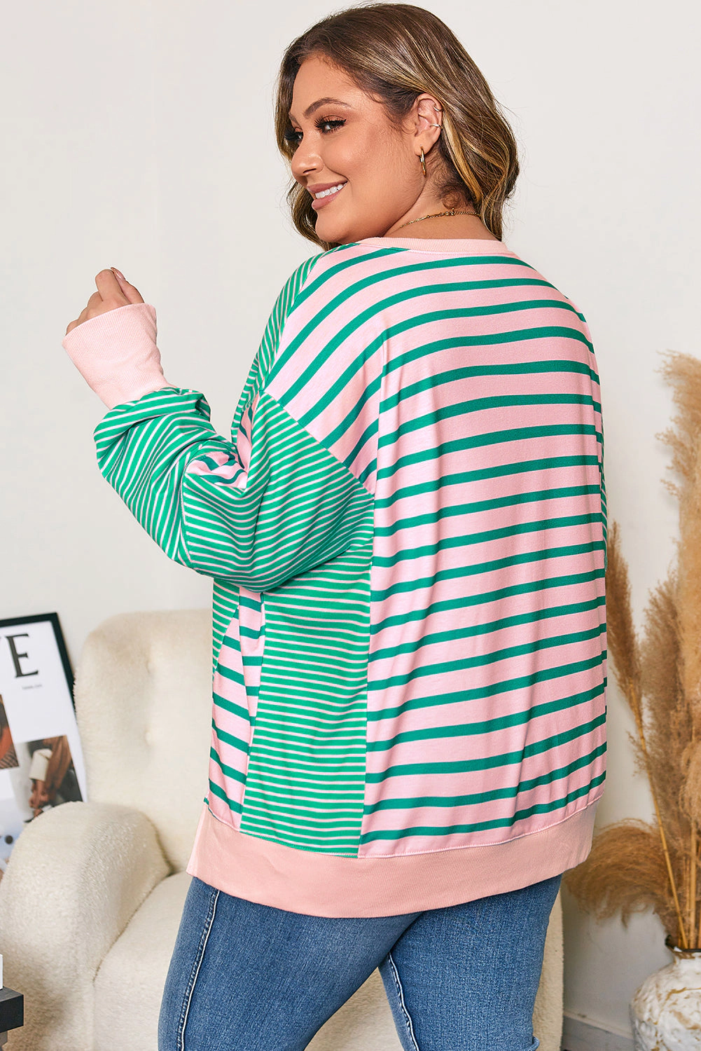 Threaded Pear Women's Green Stripe Color Block Exposed Seam Side Slit Plus Sweatshirt