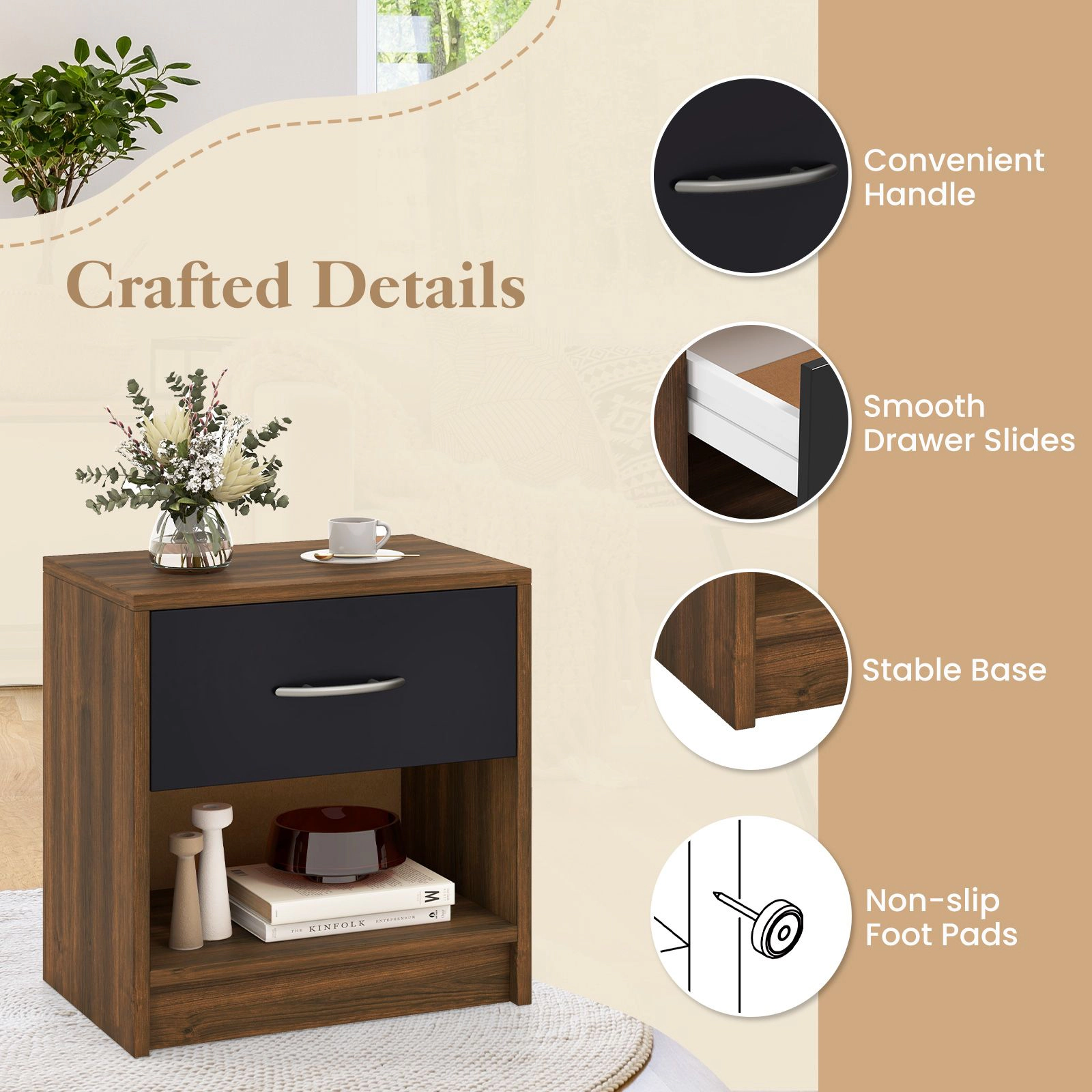 SlickBlue Modern Nightstand with Drawer and Open Storage Shelf