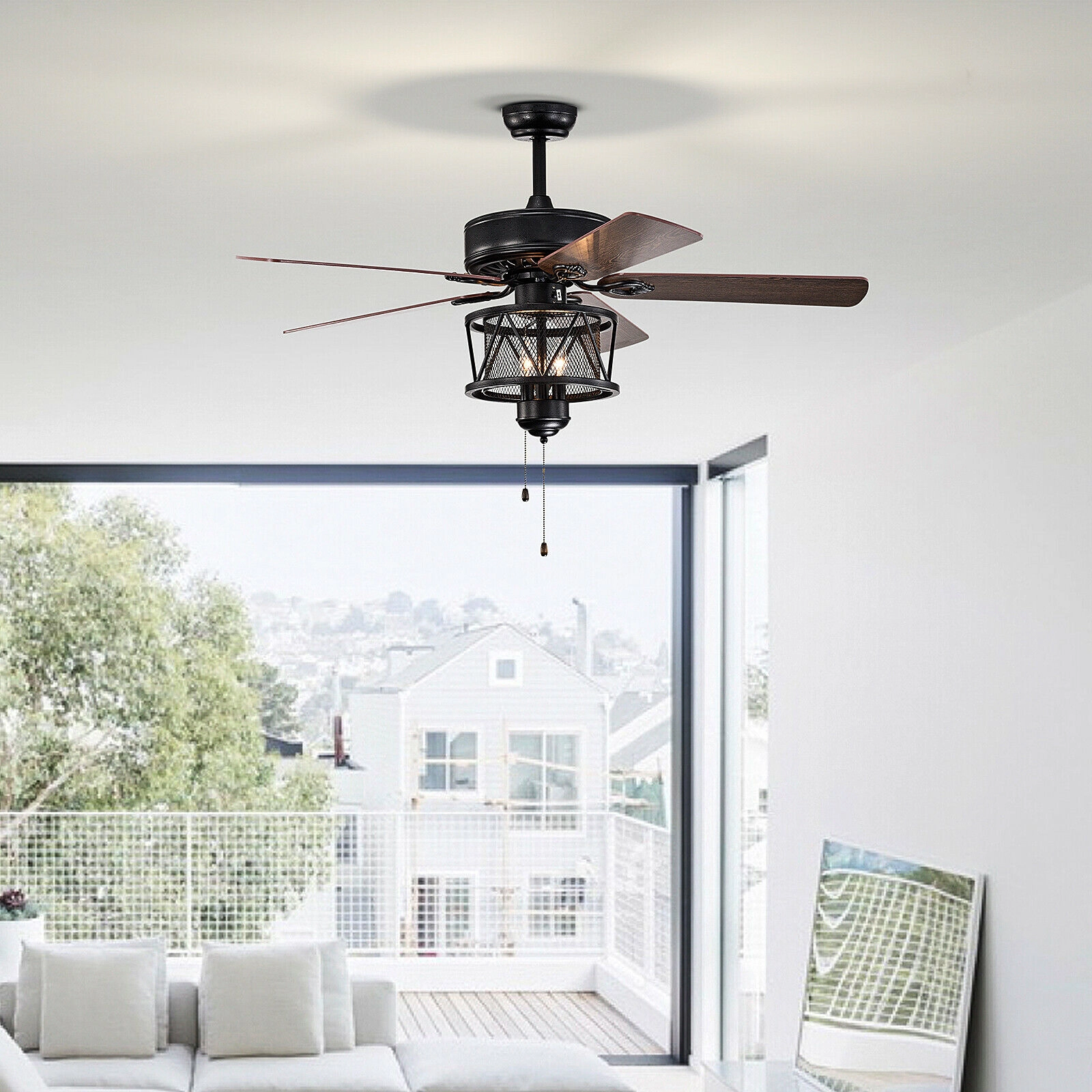 SUGIFT 50-Inch 5-Blade Ceiling Fan with Light, 3-Speed Pull Chains, Reversible Motor, Black
