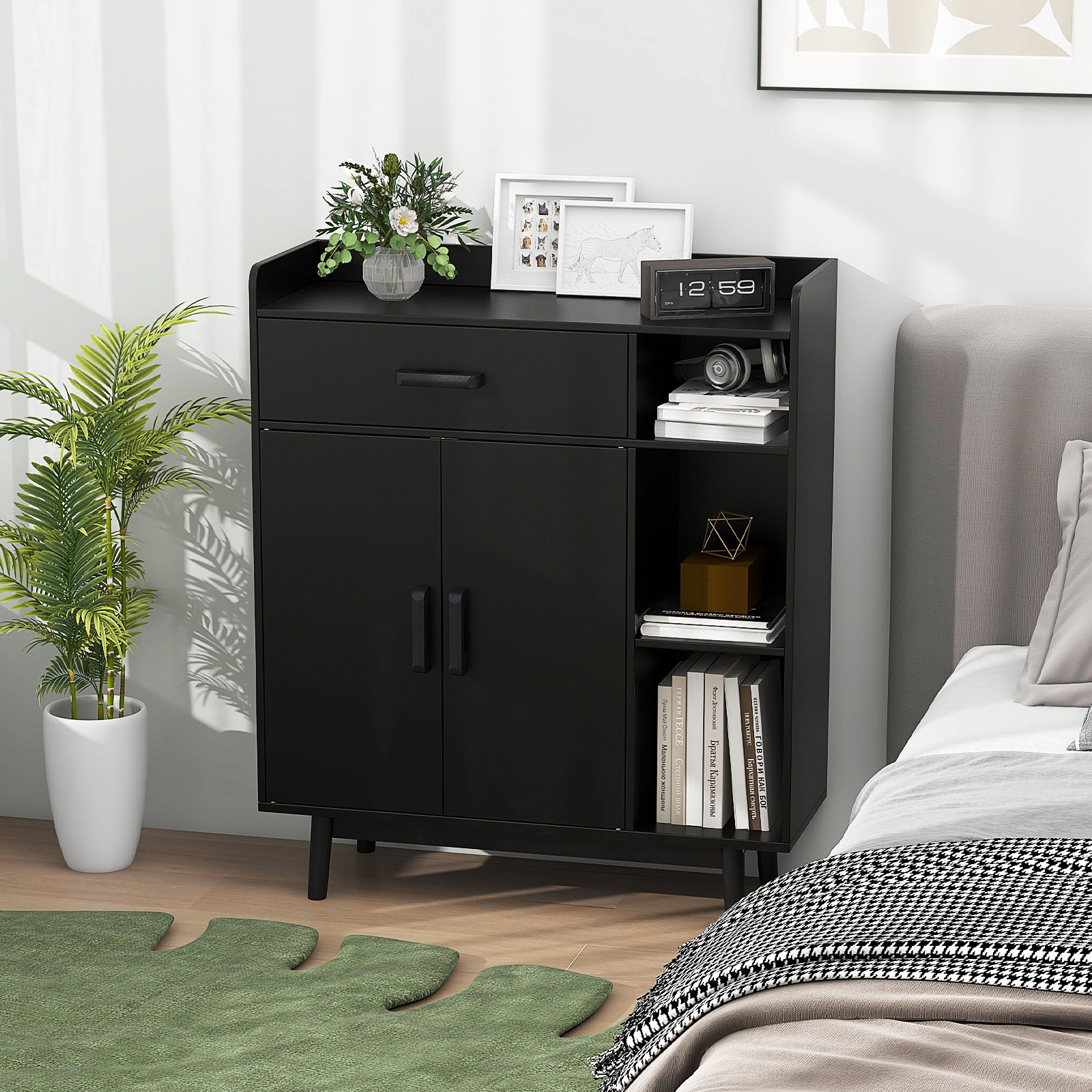 SUGIFT 31.5-in White Floor Storage Cabinet with Drawer Double Doors and 3 Open Side Shelves for Living Room