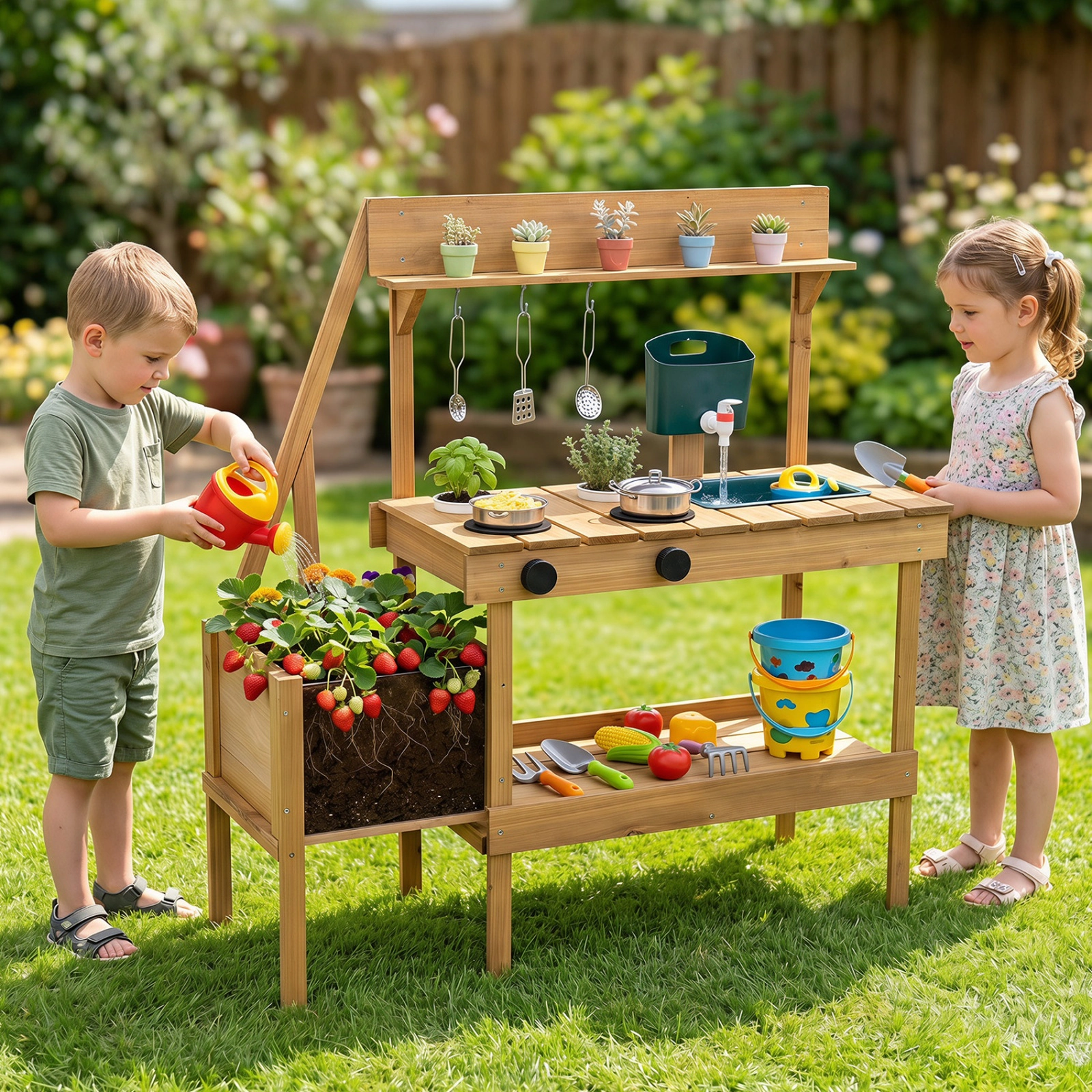 SUGIFT Kids Mud Kitchen Wooden Play Kitchen with Planter Box, Water Sink and Storage 32-in Wide Ages 3+ Natural