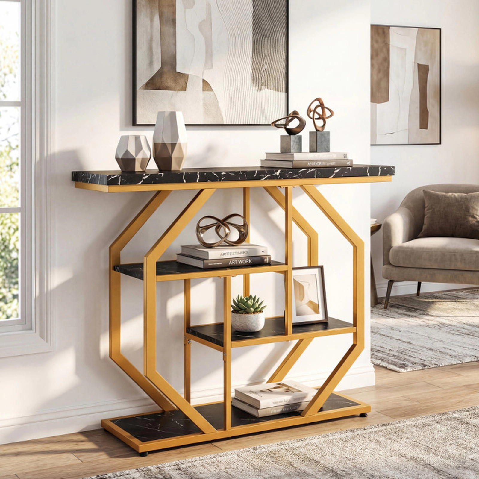 SUGIFT 4-Tier Console Sofa Table with Faux Marble Tabletop 110-lb Tabletop Capacity Black & Gold