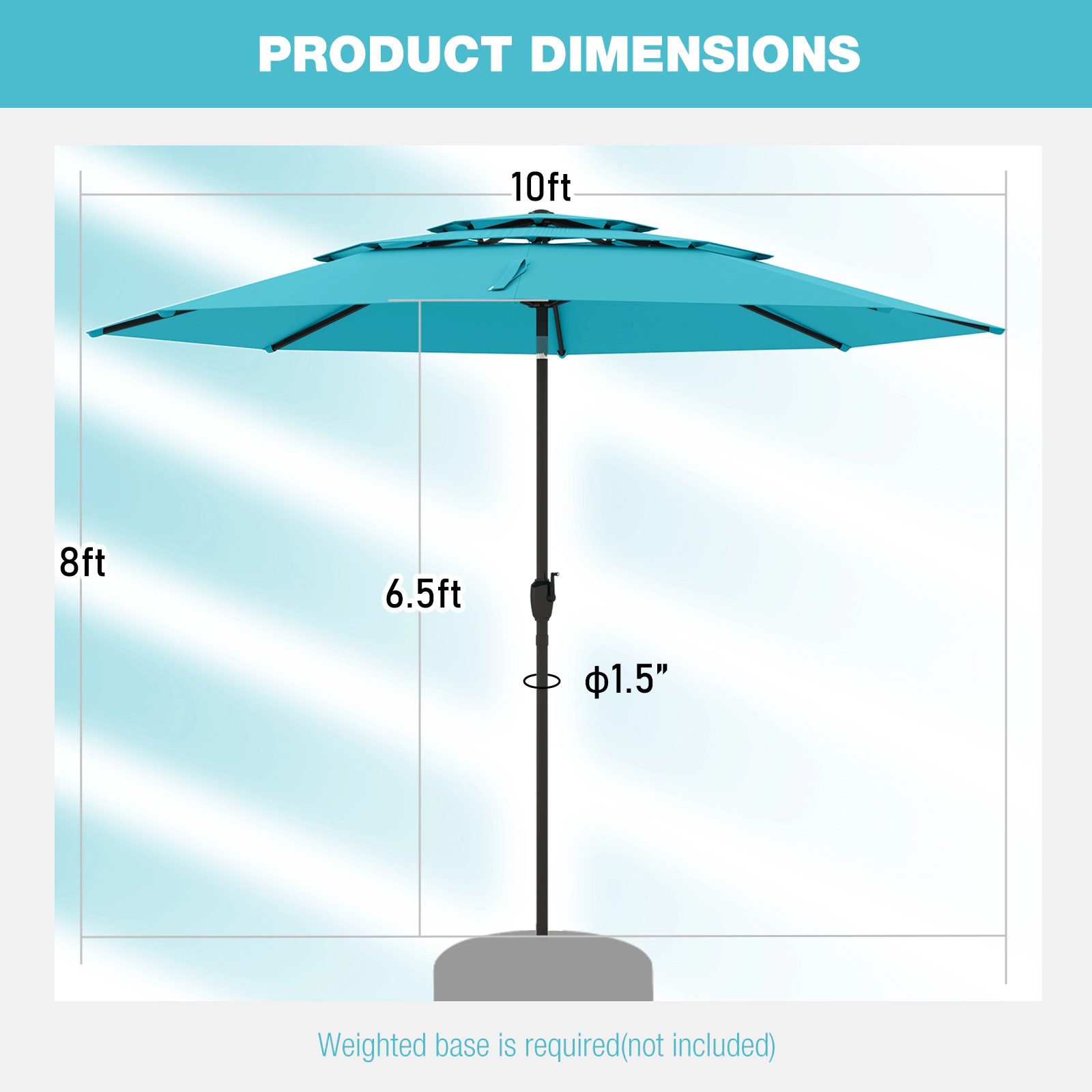 SUGIFT 10-ft Turquoise 3-Tier Vented Patio Umbrella with Crank Lift Tilt Button and 8 Thickened Ribs