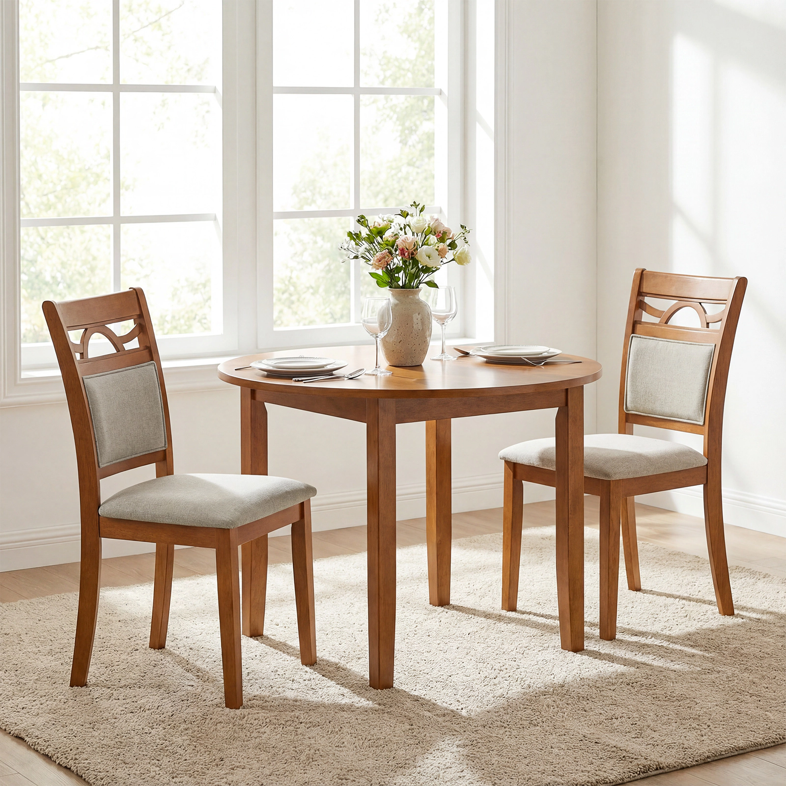 SUGIFT Brown Padded Backrest Polyester Upholstered Rubber Wood Frame Set of 2 Dining Chairs