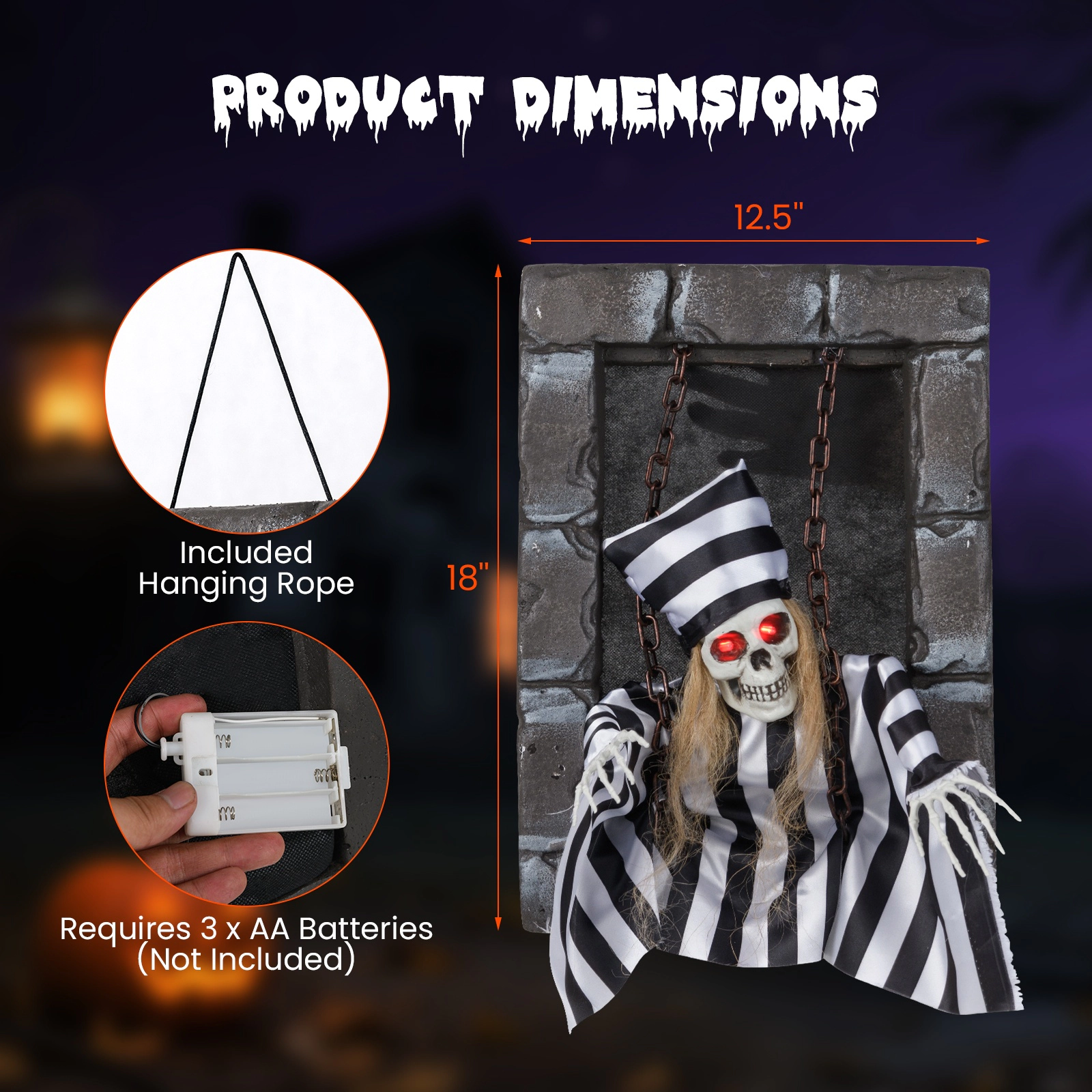 SUGIFT 18-in Sound Activated Animated Halloween Decoration Hanging Skull Prisoner with LED Eyes and Rope