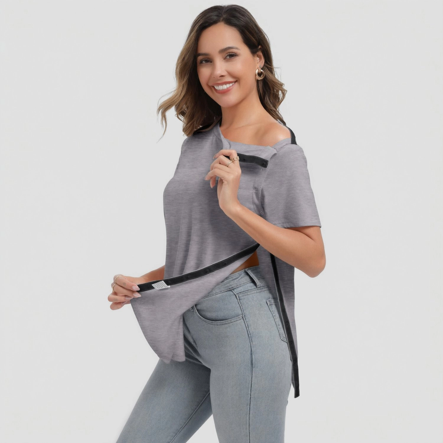 Pinspark Womens Short Sleeve Snap Side Nursing T-shirts Off Shoulder Adaptive Tops