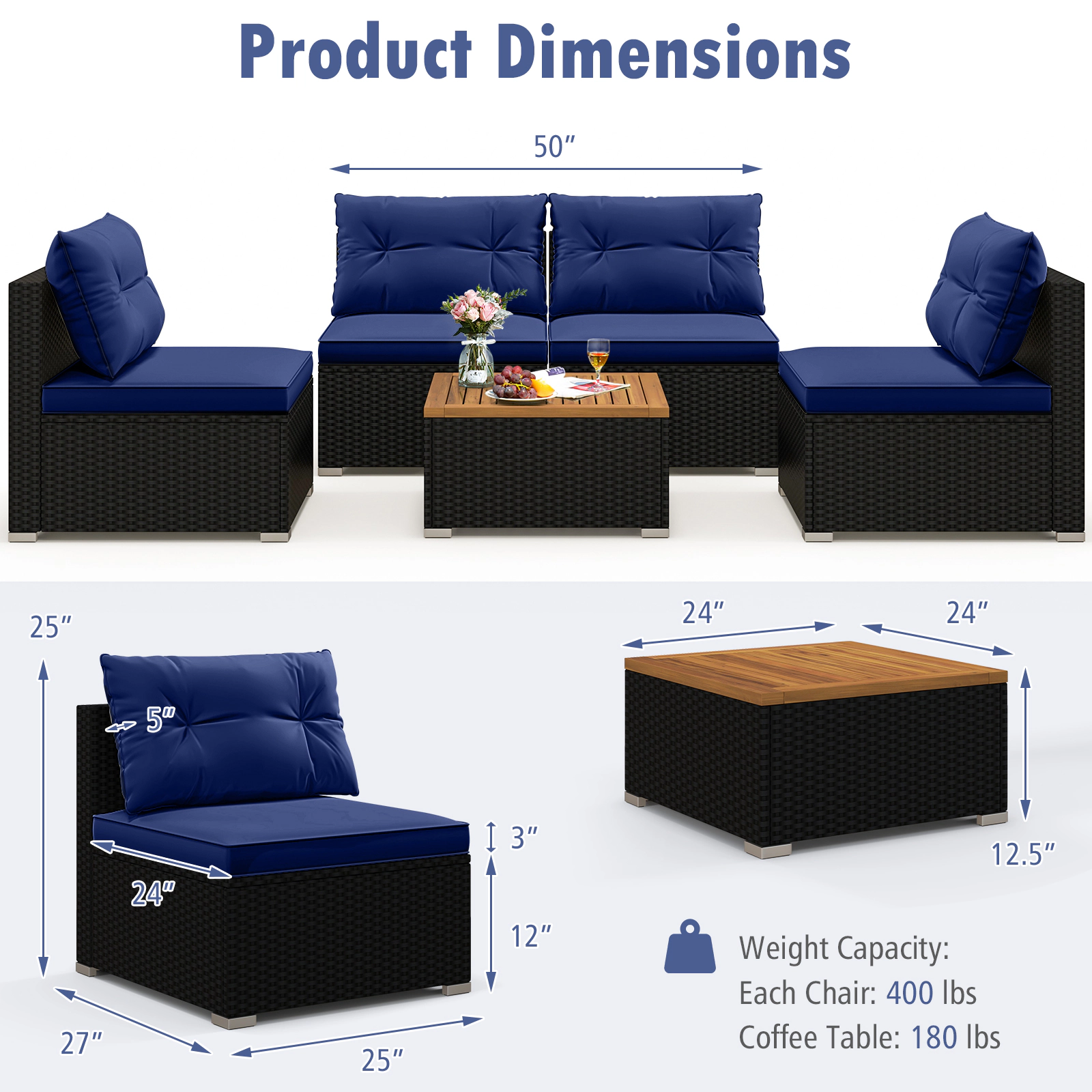 SUGIFT 5-Piece Navy Outdoor Wicker Patio Chair Set with 4 Deep-Seat Armchairs and Square Acacia Table