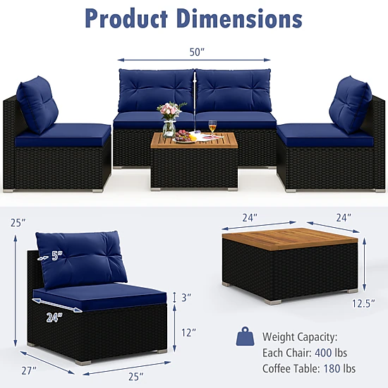 SUGIFT 5-Piece Navy Outdoor Wicker Patio Chair Set with 4 Deep-Seat Armchairs and Square Acacia Table