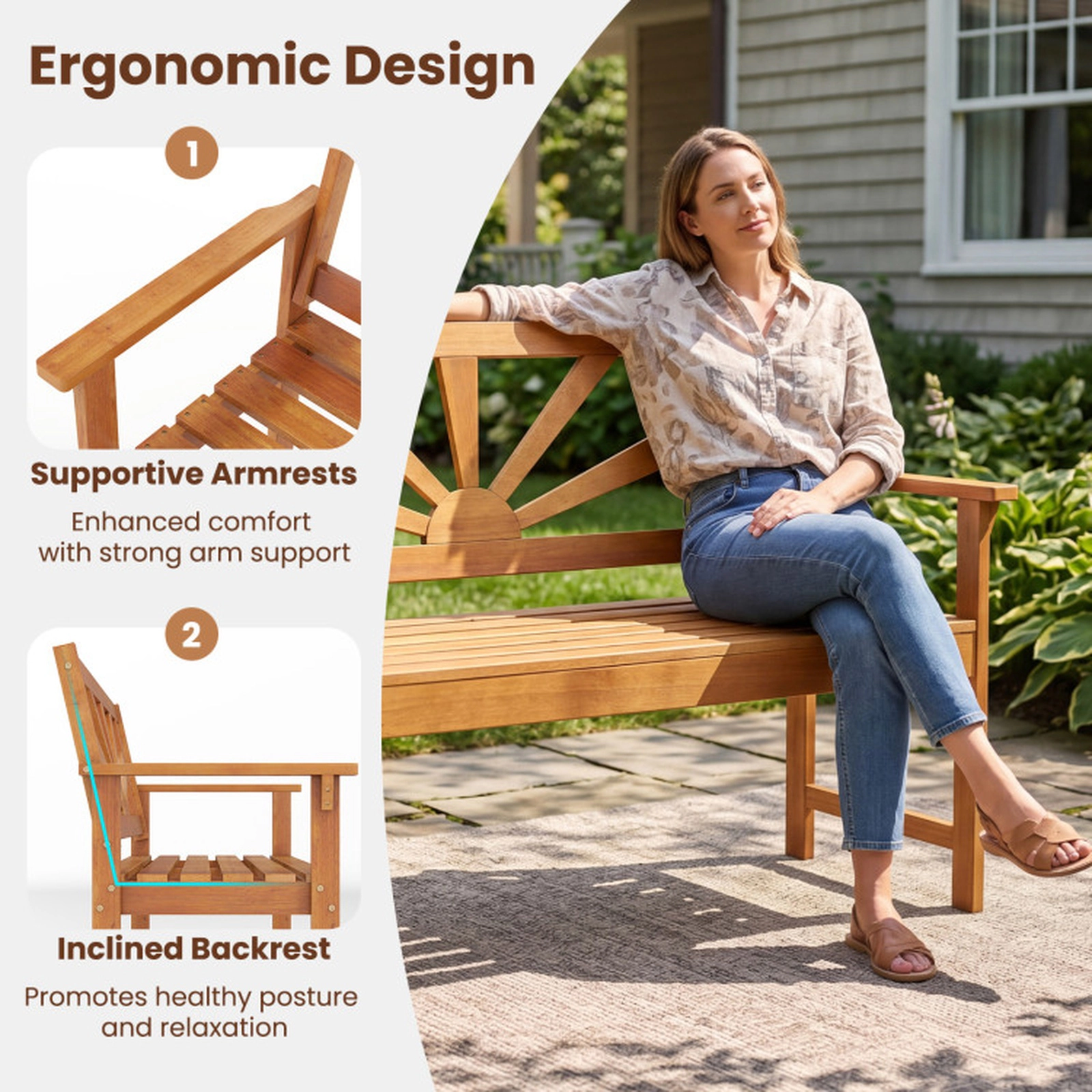 SUGIFT 47-Inch Natural Acacia Wood Outdoor Bench, 2-Seat, 800-Lb Capacity