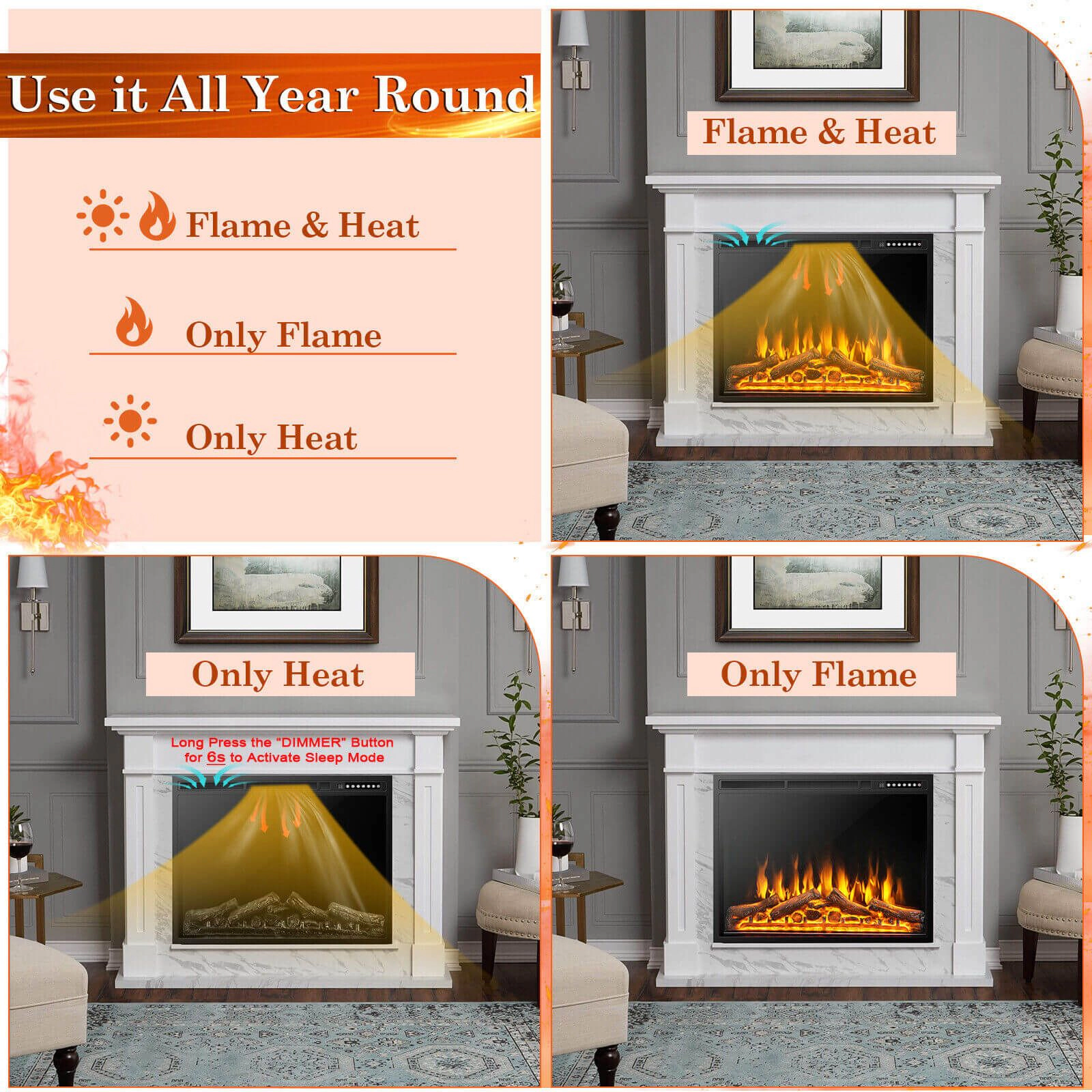 SlickBlue Electric Fireplace Heater for Living Room, 34/37 Inch Recessed or Freestanding Design