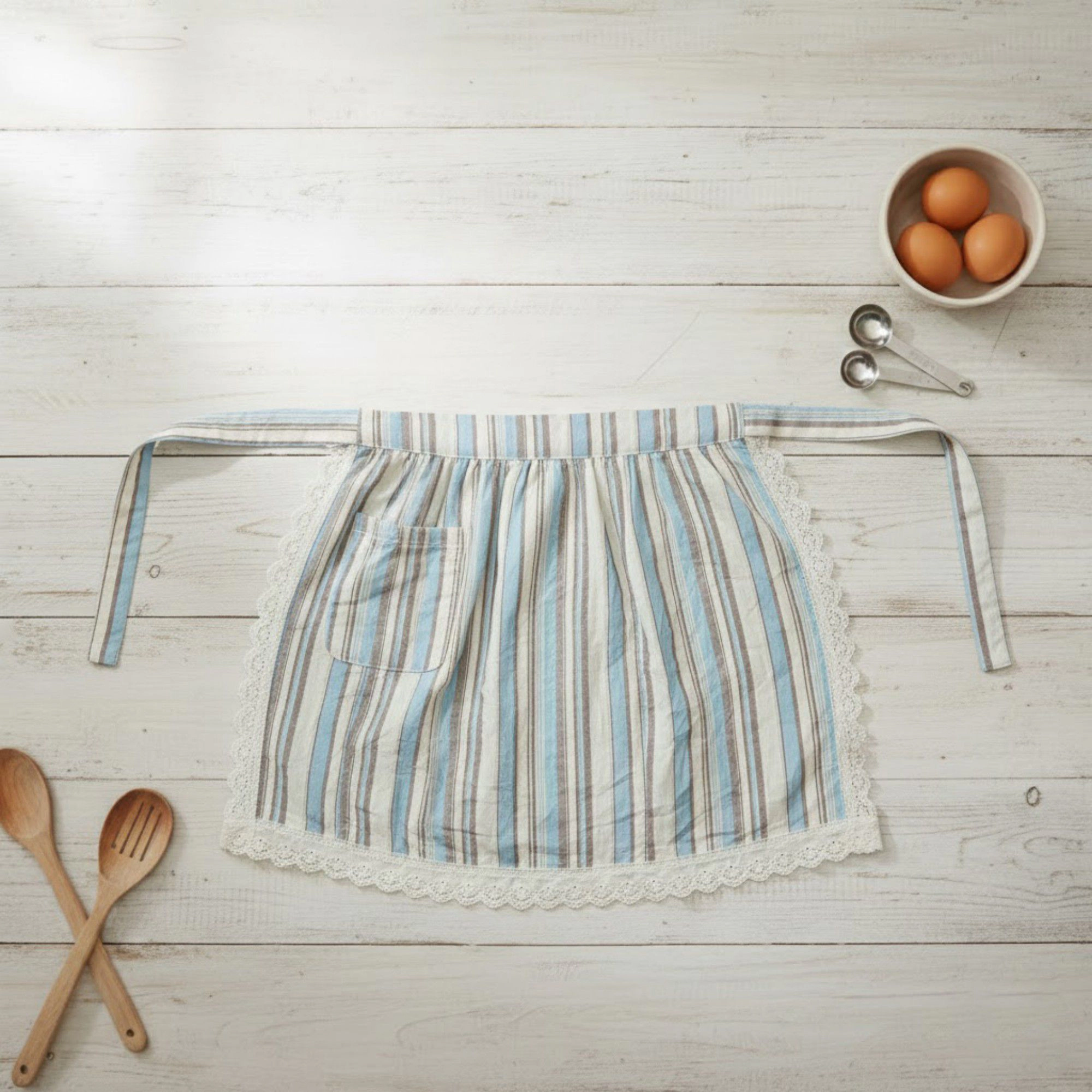 Alilang Unisex Adjustable Waist Tie Striped Apron with Lace Trim and Front Pocket