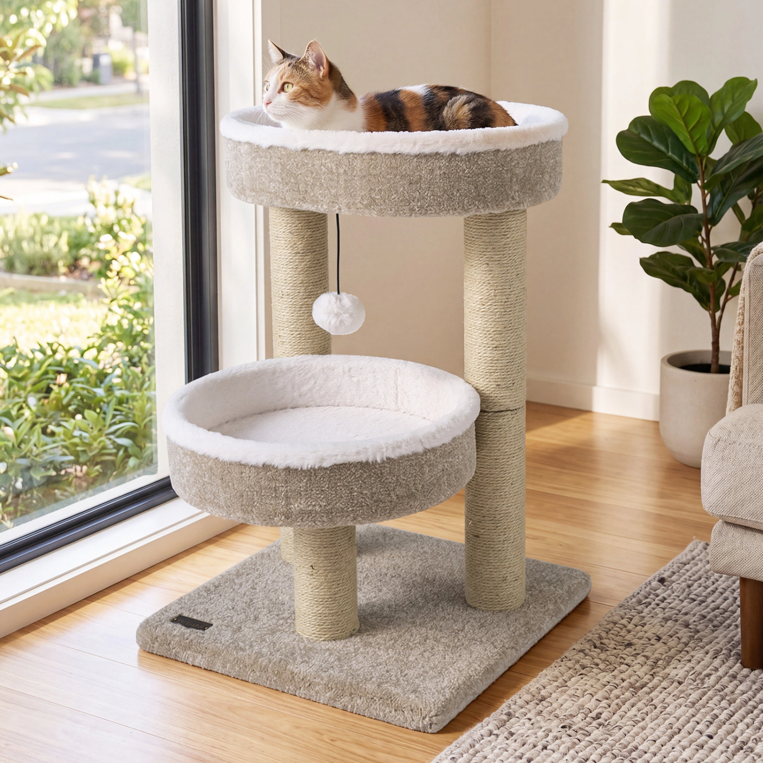 LJG 24" Cat Tower with 2 Plush Perches Scratching Posts and Dangling Ball