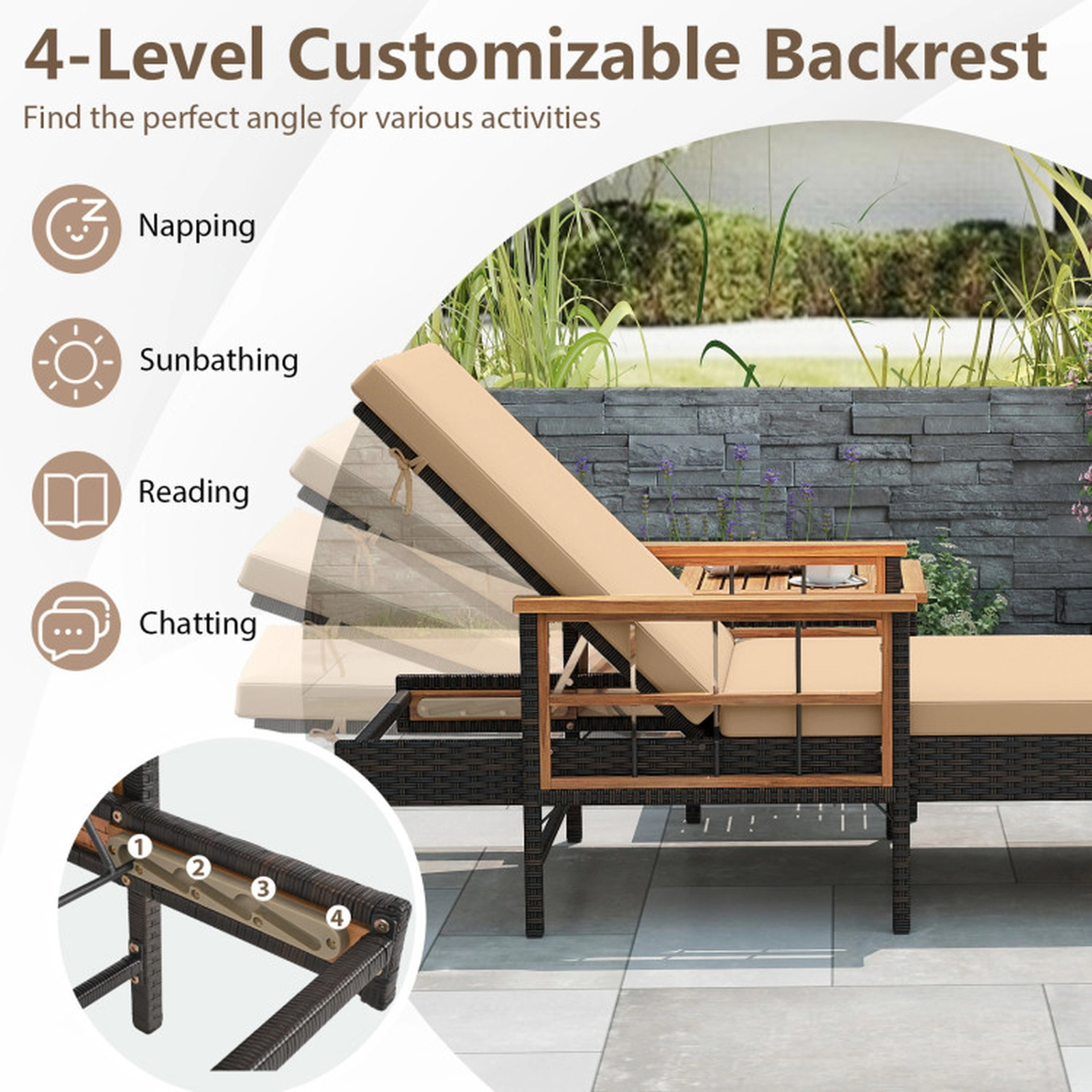 SUGIFT 4-Level Adjustable Patio Rattan Chaise Lounge with Cushions 400-lb Capacity Mix Brown Rattan Beige Cushions