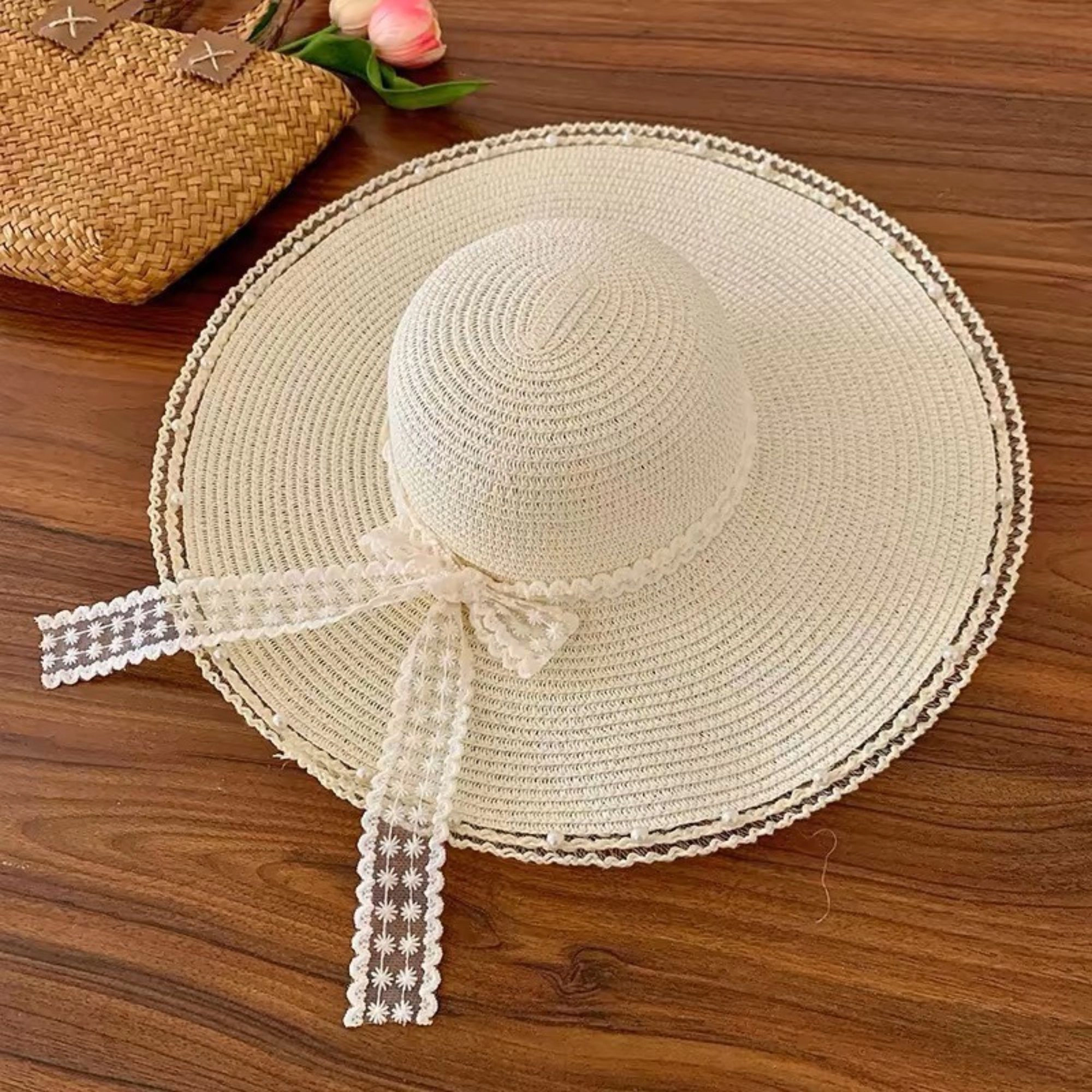 Anna-Kaci Women's Wide Brim Sun Hat with Lace Bow and Pearl Trim
