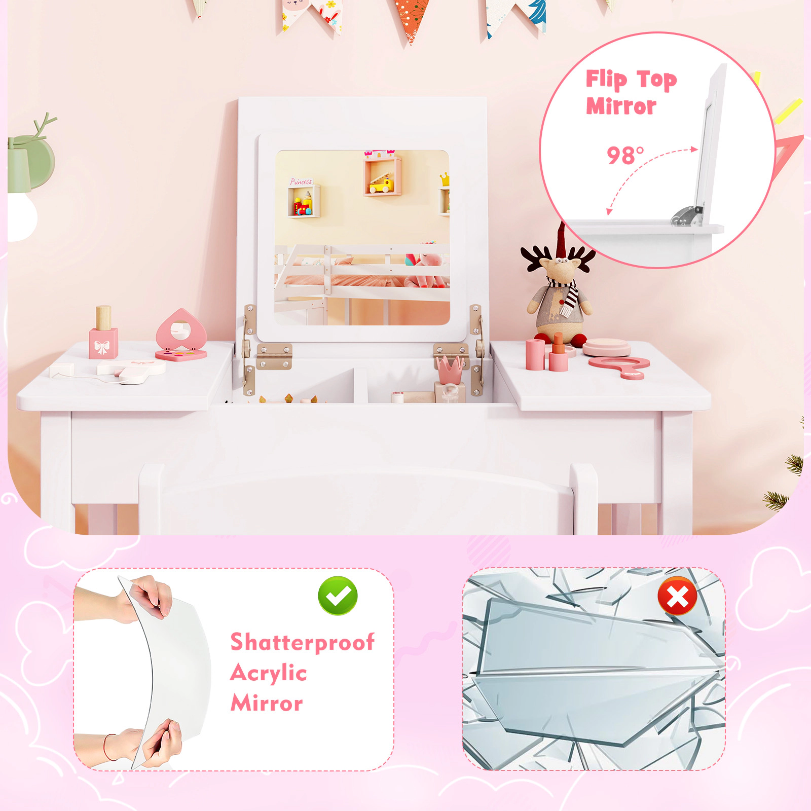 SUGIFT Kids Flip-Top Vanity Table and Stool Set with Flip-Top Mirror in White