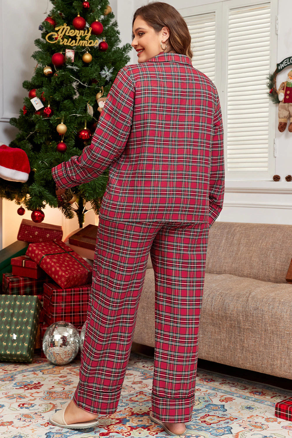 Sol Living Womens Plaid Printed Shirt and Pants Plus Size Lounge Set