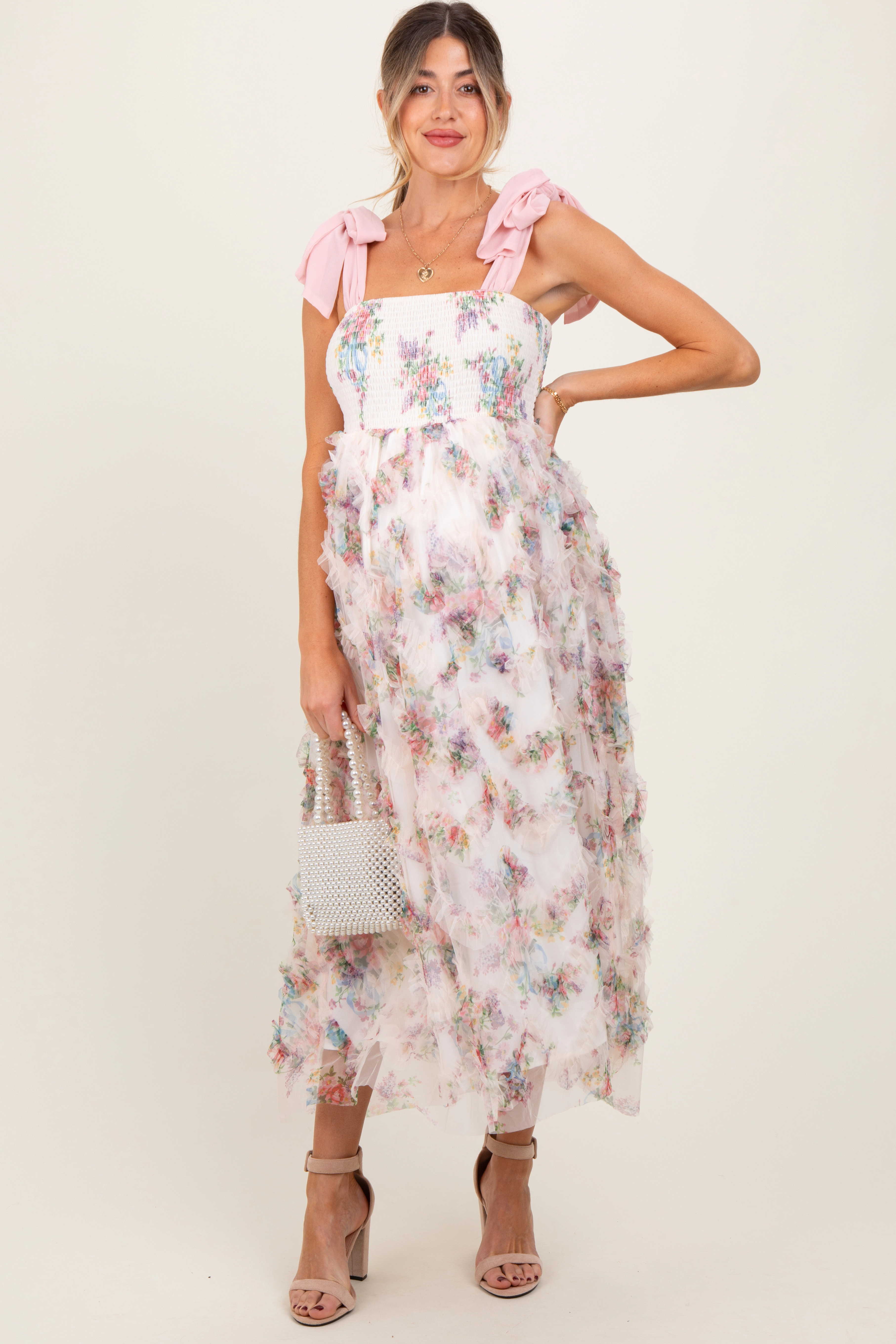 PinkBlush Womens Cream Floral Smocked Shoulder Tie Ruffled Maternity Midi Dress
