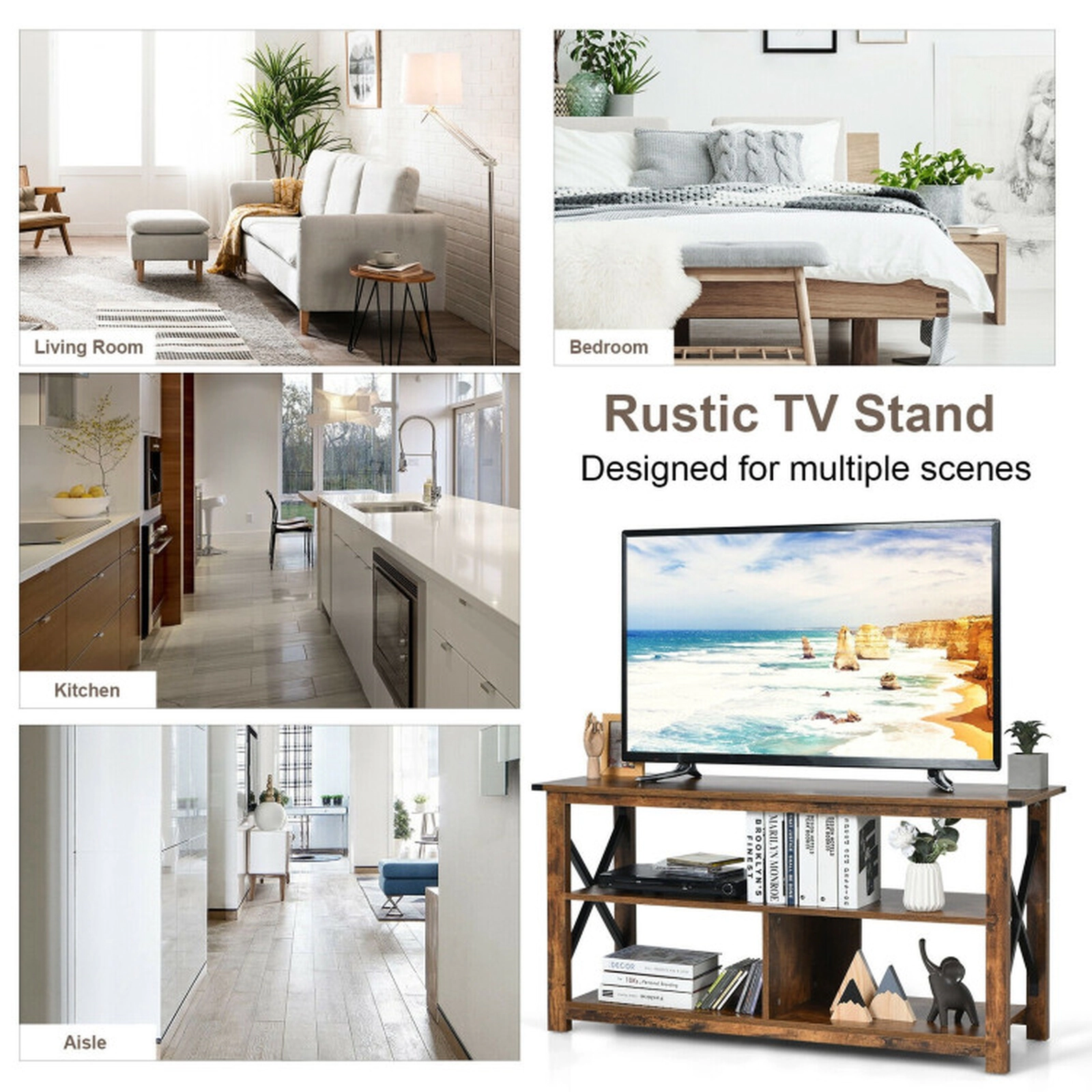 SUGIFT 3-Tier Engineered Wood TV Stand Open Shelves & X-Shaped Iron Frame for 55-in TVs 110-Lb Tabletop Capacity Brown