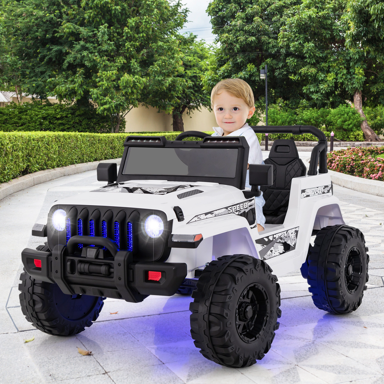 SUGIFT 12V 77-lb Capacity White Off-Road Kids Ride On Car with 2.4G Remote Control Spring Suspension and 3 Speeds