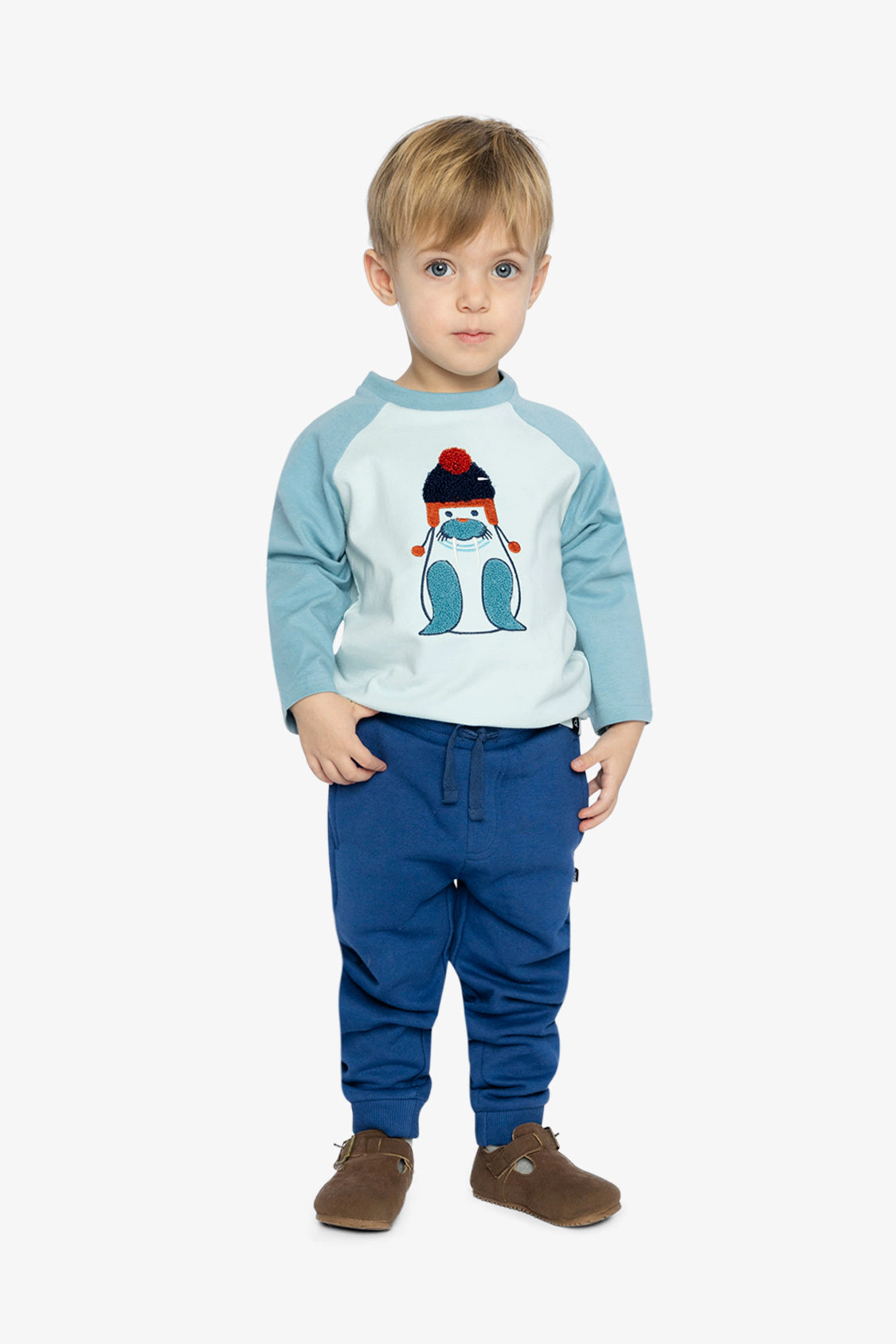 Deux par Deux Boys Long Sleeve Raglan Organic Cotton Walrus Ski Graphic T-Shirt
