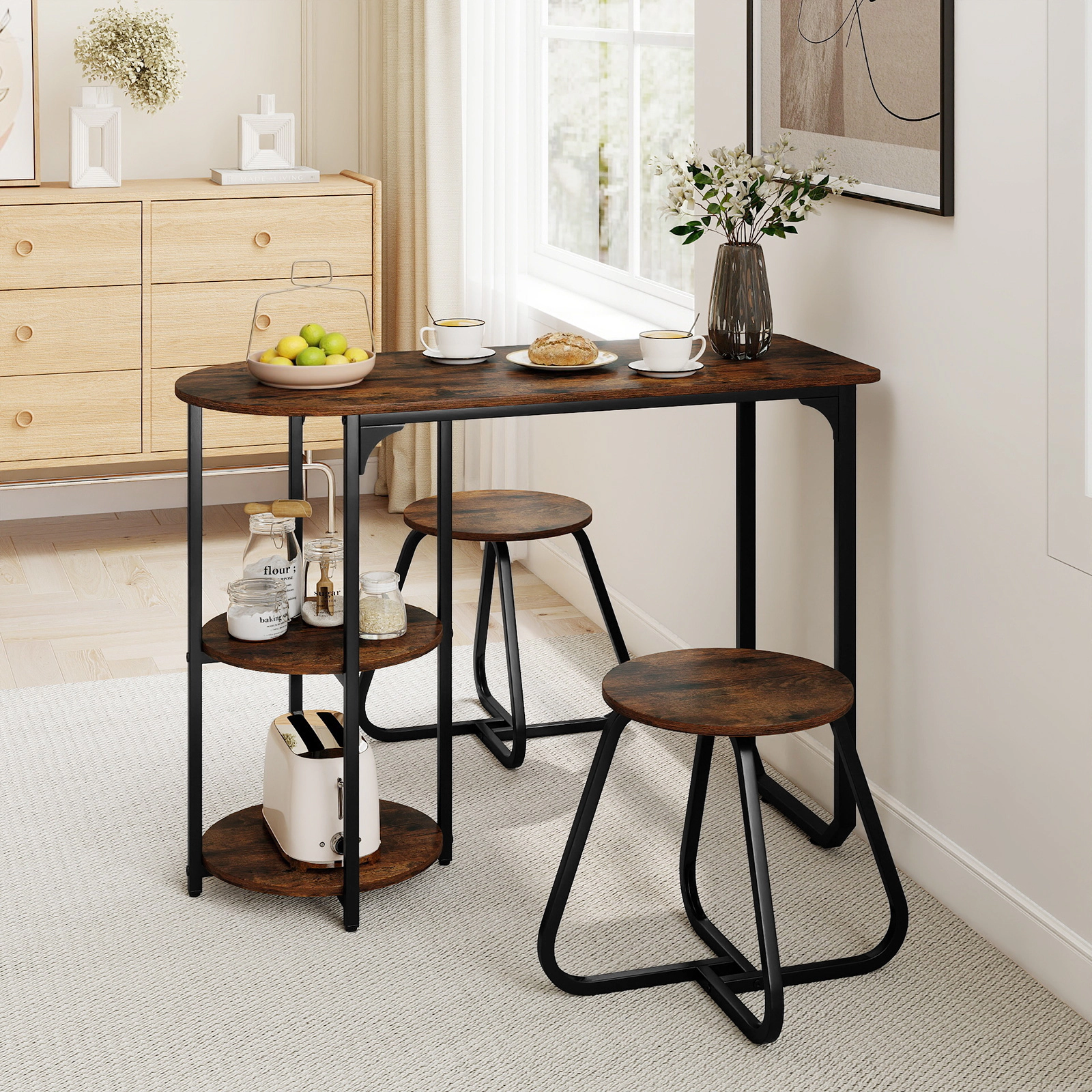 SUGIFT 3-Piece Industrial Dining Table Set with Shelves 88-lb Table Capacity 330-lb Stools Rustic Brown and Black