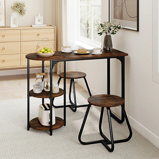 SUGIFT 3-Piece Industrial Dining Table Set with Shelves 88-lb Table Capacity 330-lb Stools Rustic Brown and Black