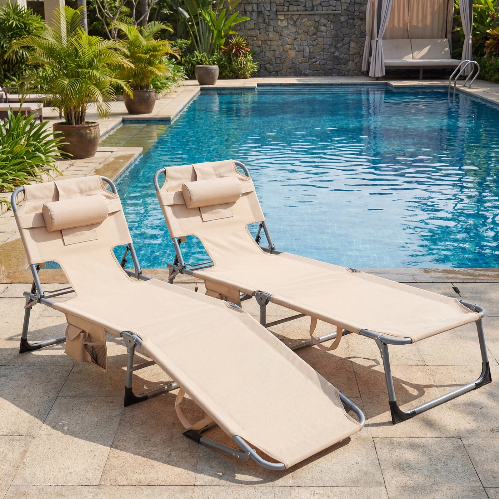 Outdoor Tanning Chairs Set of 2 Folding Chaise Loungers with Face and Arm Holes 4-Position Back 2-Position Beige
