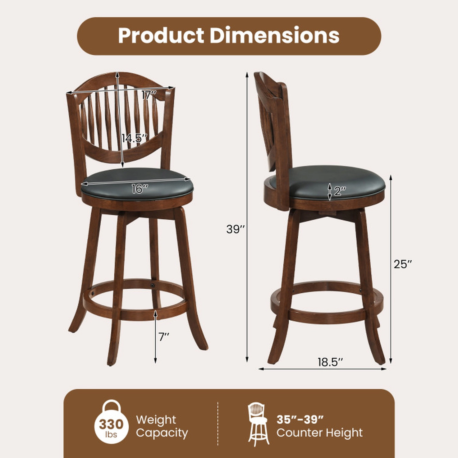 SUGIFT 360-Degree Swivel Bar Stools with Backrest 330-lb Capacity 25-in Seat Height Expresso and Black Set of 2