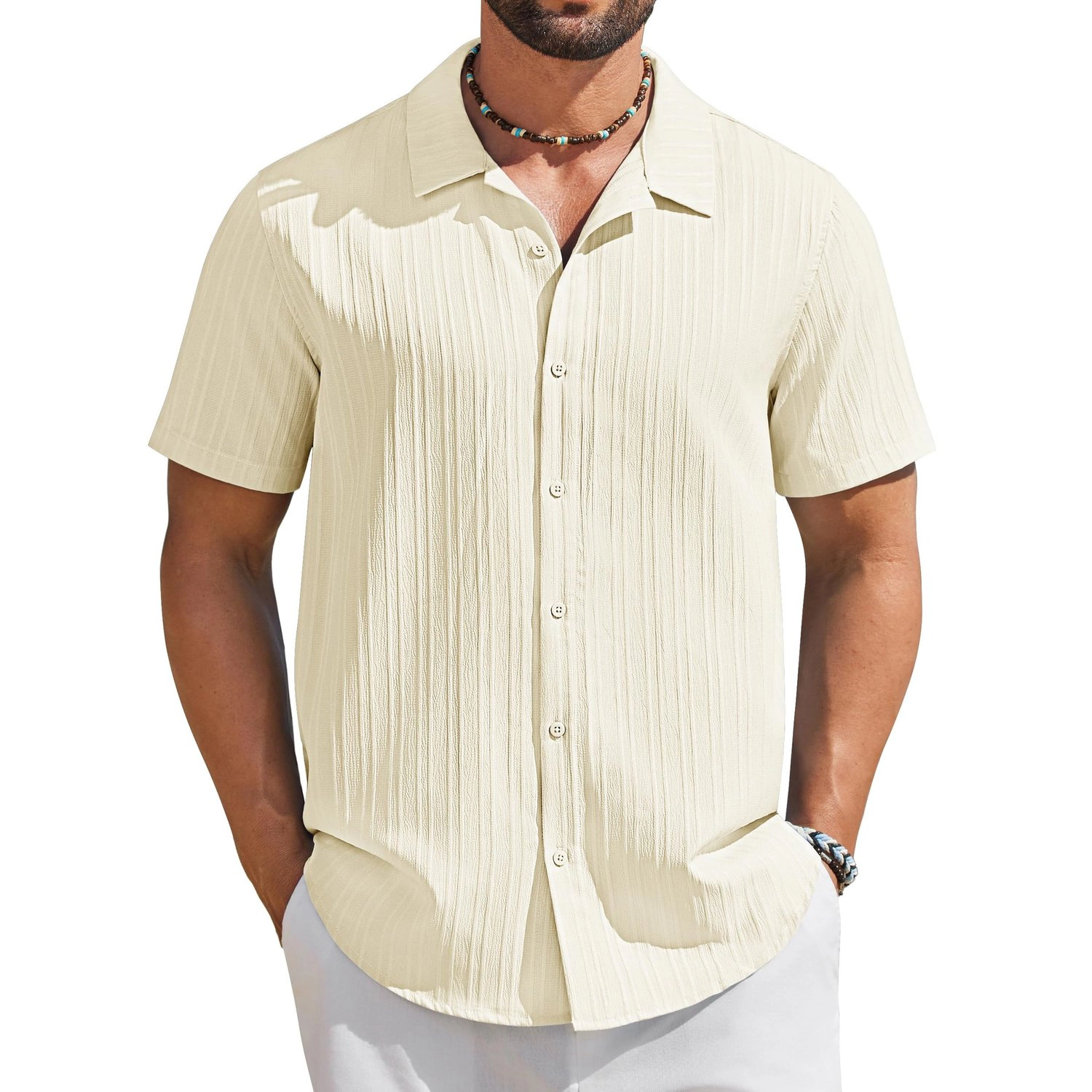 COOFANDY Mens Short Sleeve Button Down Shirt Camp Collar Pleated Casual  Top