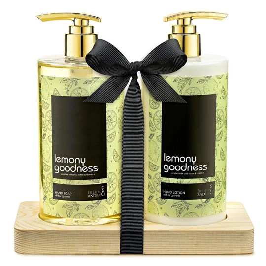 Freida and Joe  Women Lemon Citrus Hand Soap & Lotion Set Wooden Holder Unisex Valentine's Gift